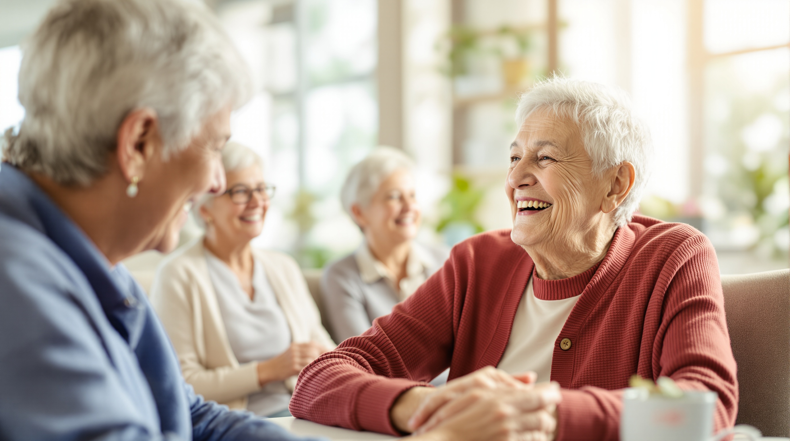 Happy elderly residents smiling together
