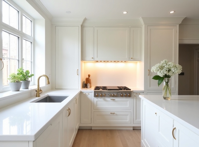 Completed kitchen renovation with white shaker cabinets and quartz worktop in West Bridgford home