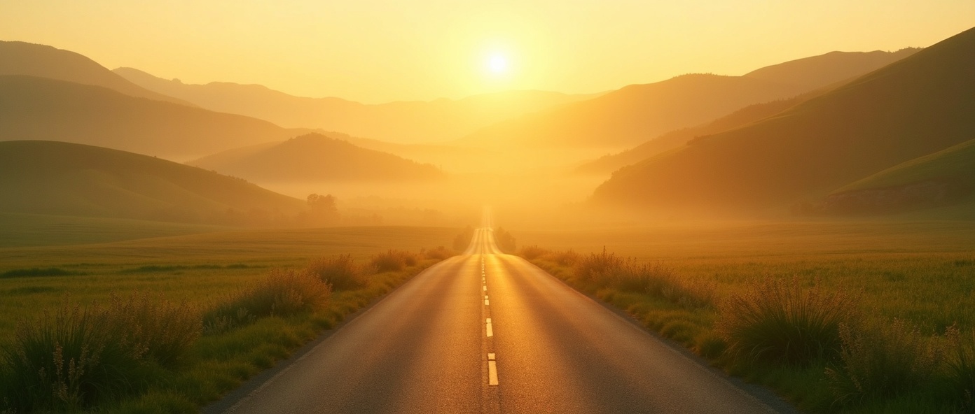 Peaceful country road at golden hour symbolizing the journey to health coverage