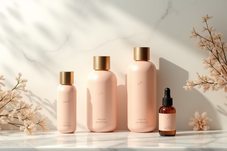 Korean body care lotion bottles and body oil with botanical elements on marble surface