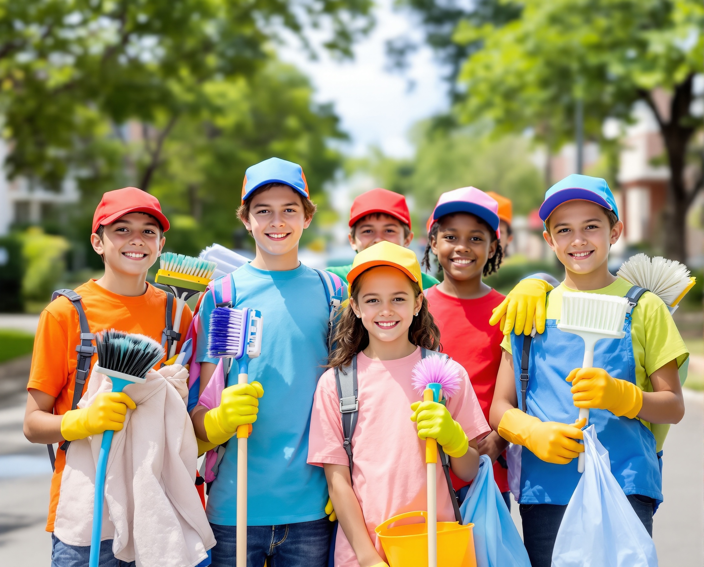 Kids cleaning trash cans