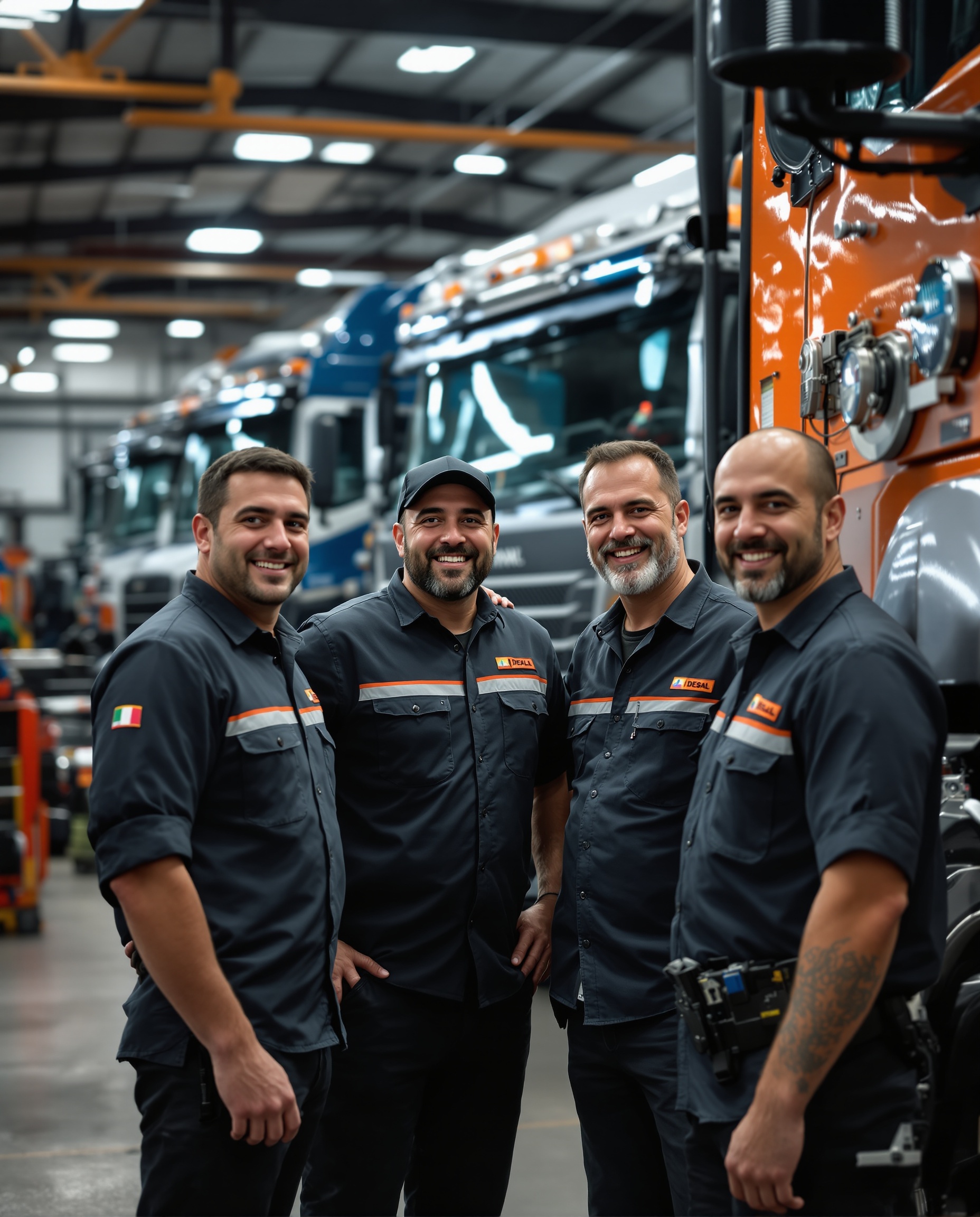 Equipe de mecânicos trabalhando em oficina diesel moderna