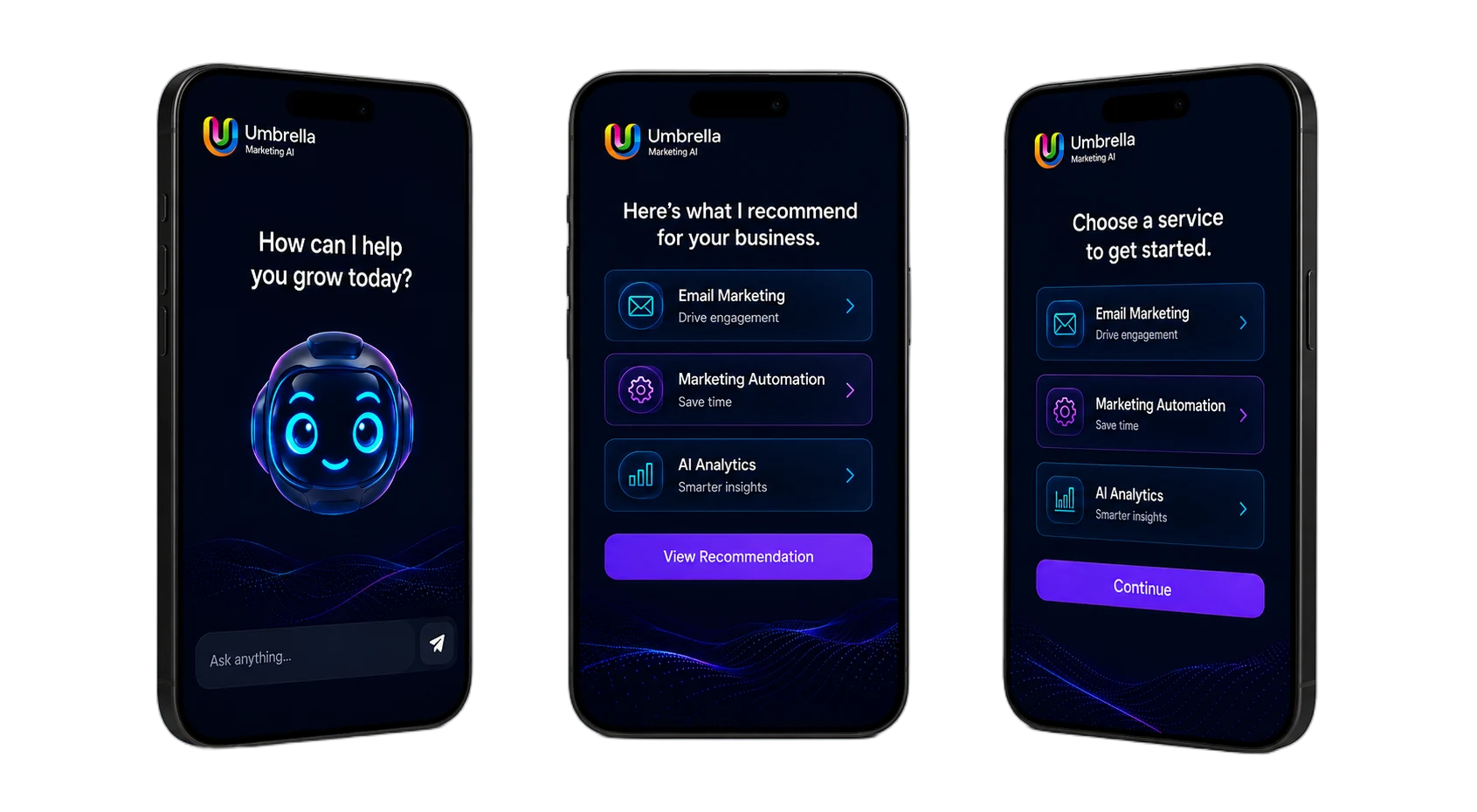 Three mobile screens showing Andy guiding a customer from question to service recommendation