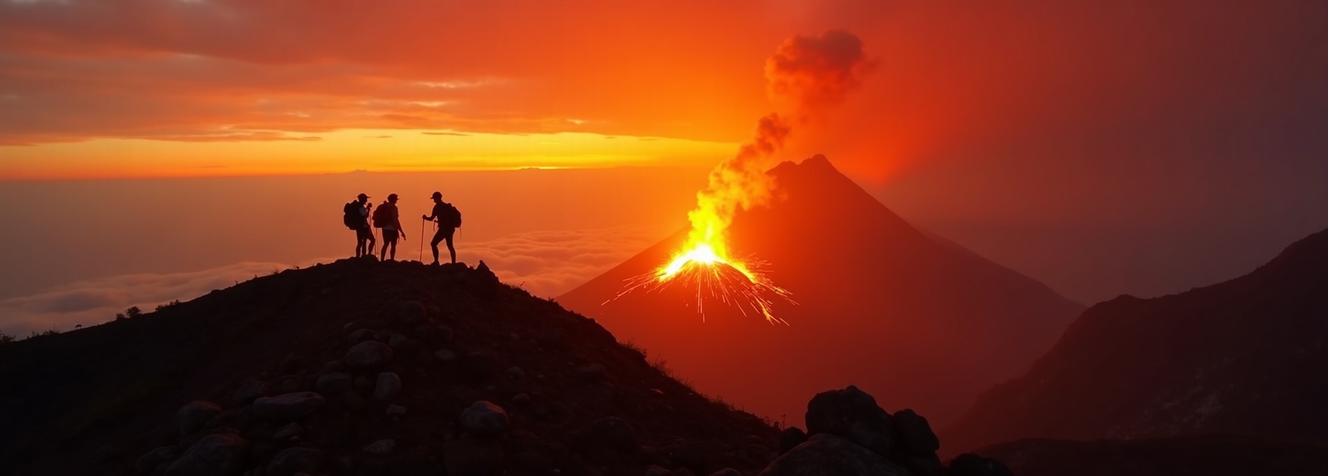 Acatenango volcano summit with Fuego erupting