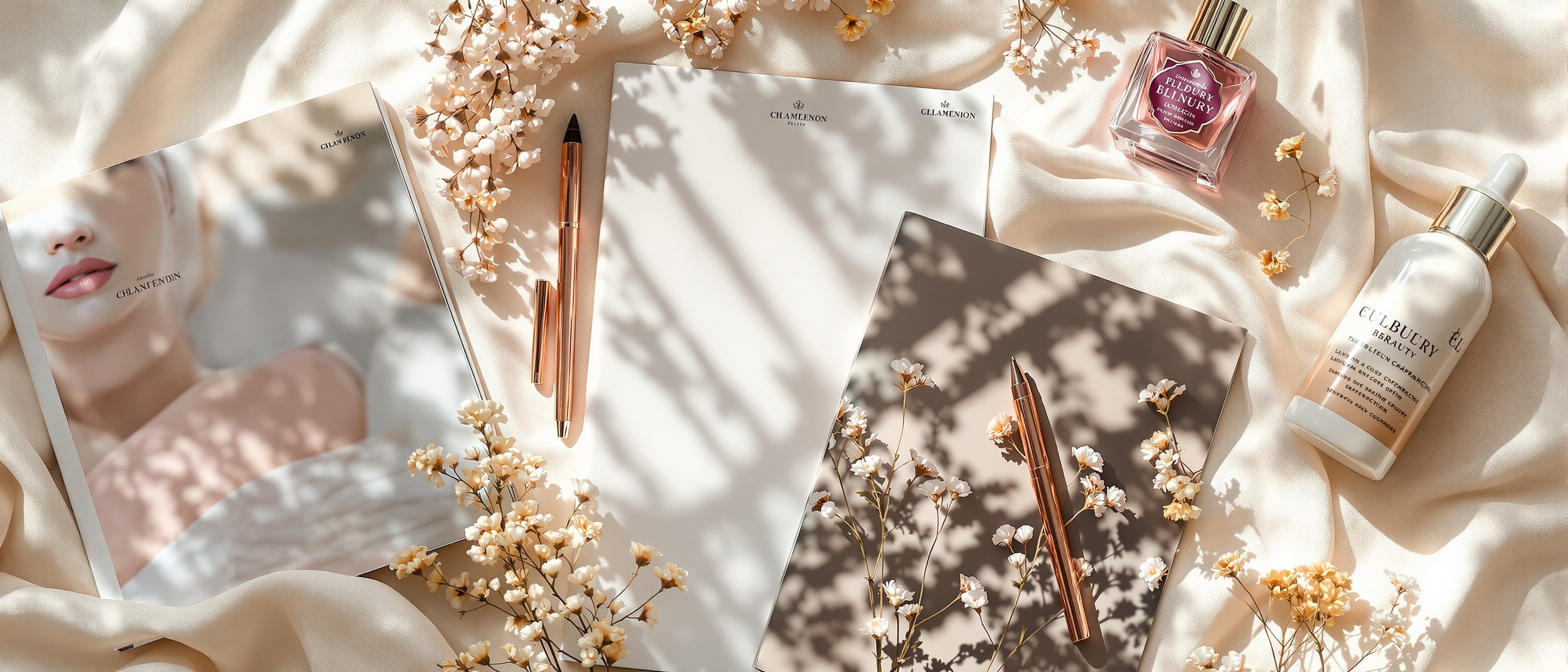 Elite Beauty Essentials editorial desk with beauty journals and skincare products