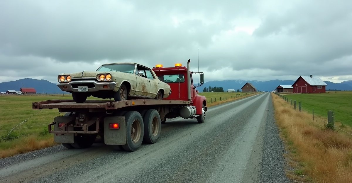 Tow truck loading a rusted farm vehicle on a gravel road near Sumas Prairie berry fields in West Abbotsford