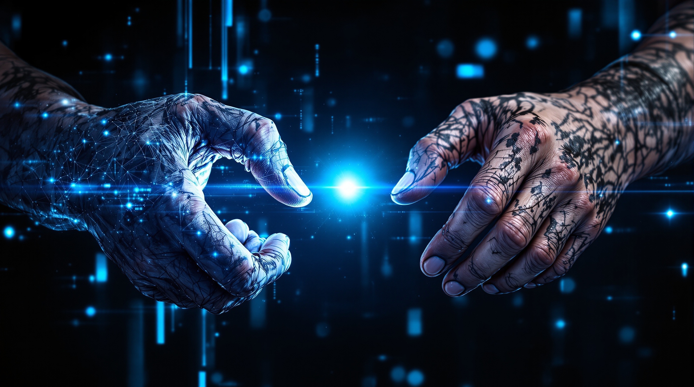 泥臭いアナログの経験(生身の手)が、最新のデジタル技術(AI)を操り、コントロールしている様子を示すイメージ