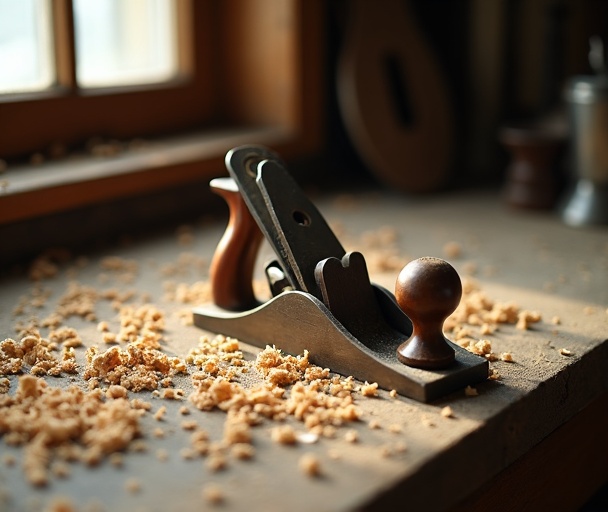 Well-used hand plane with wood shavings on a workbench