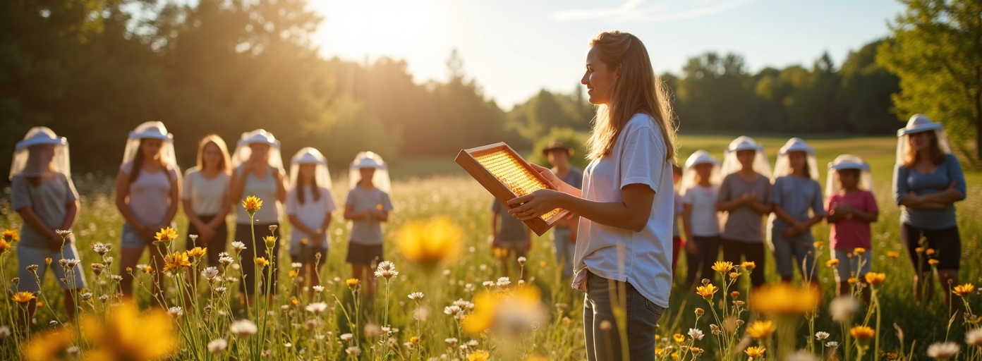 Community educator teaching about honeybee conservation in a Maine meadow with beehives and wildflowers