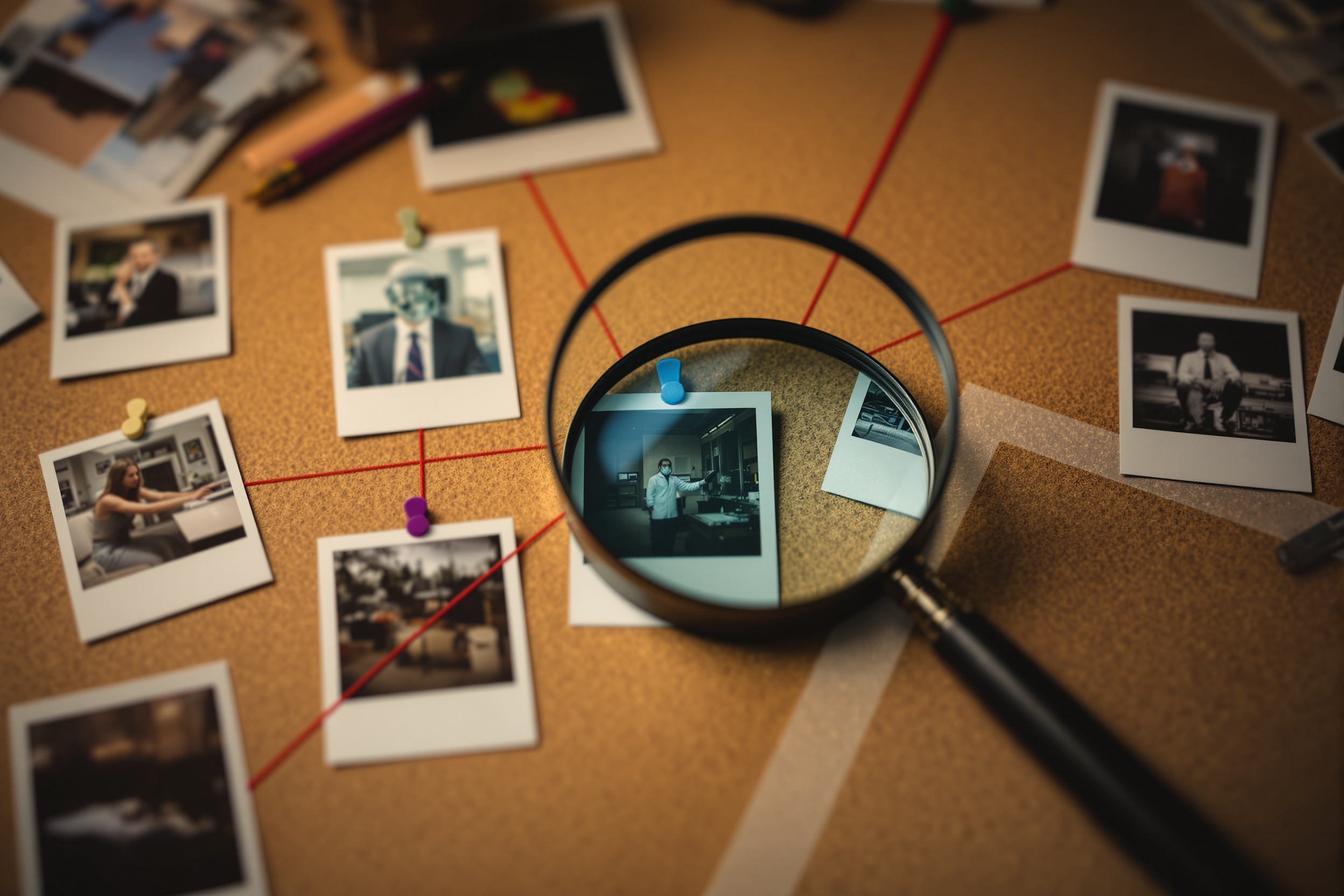 Minimal poster showing magnifying glass and photo frames with inspection markers on cream background