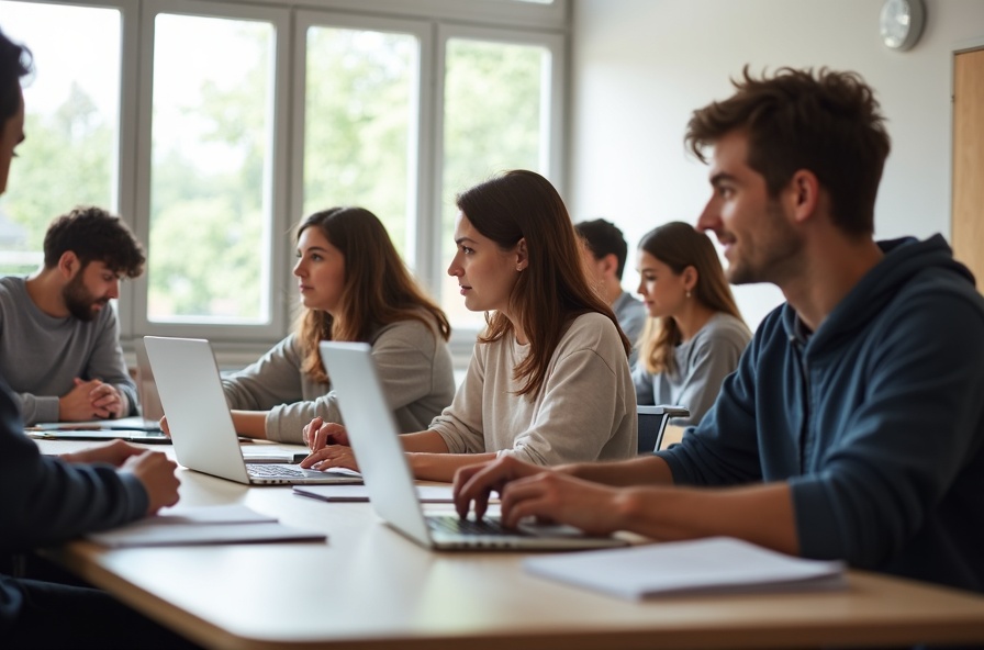 Students with laptops in class learning