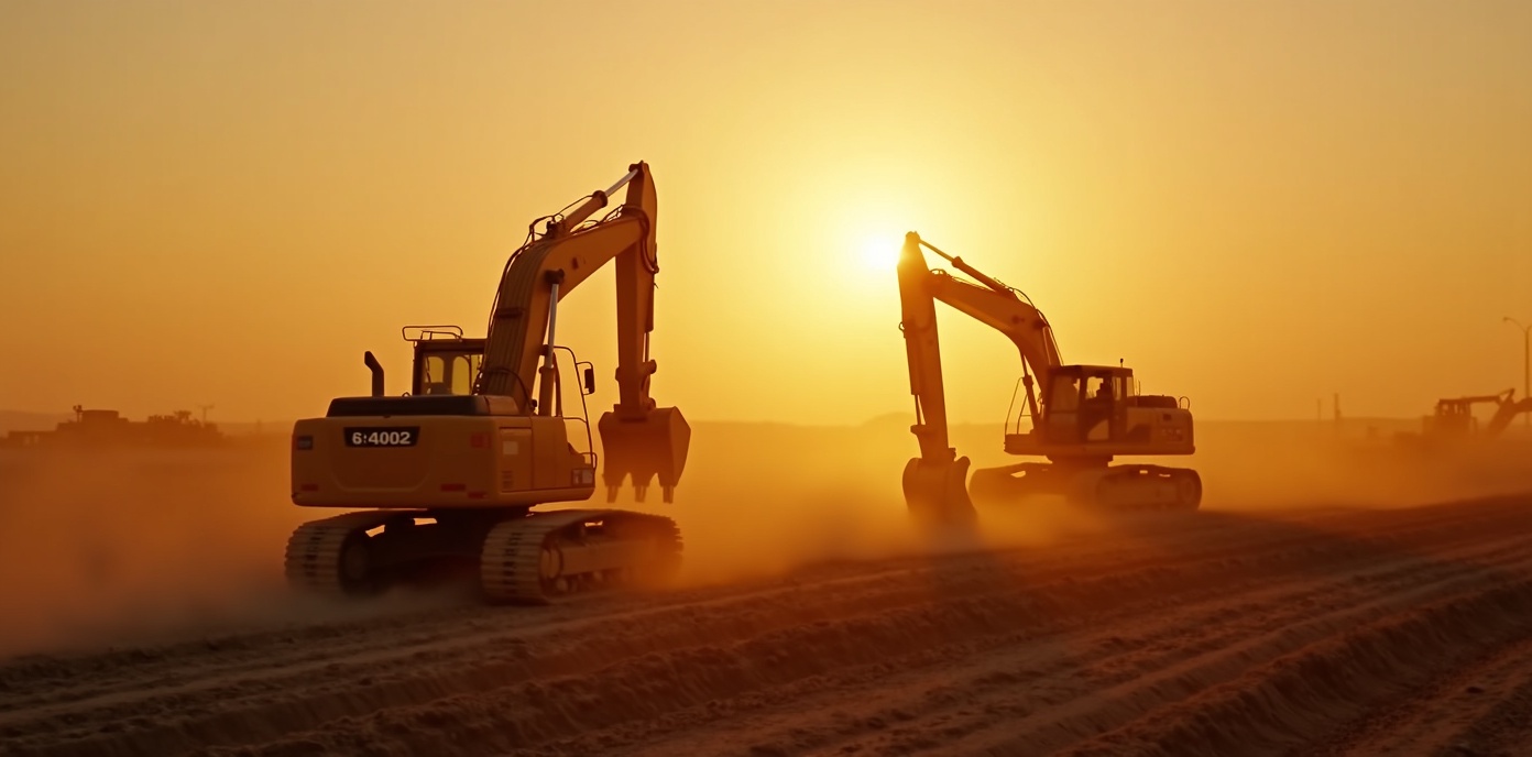 Heavy equipment clearing Texas land at sunset