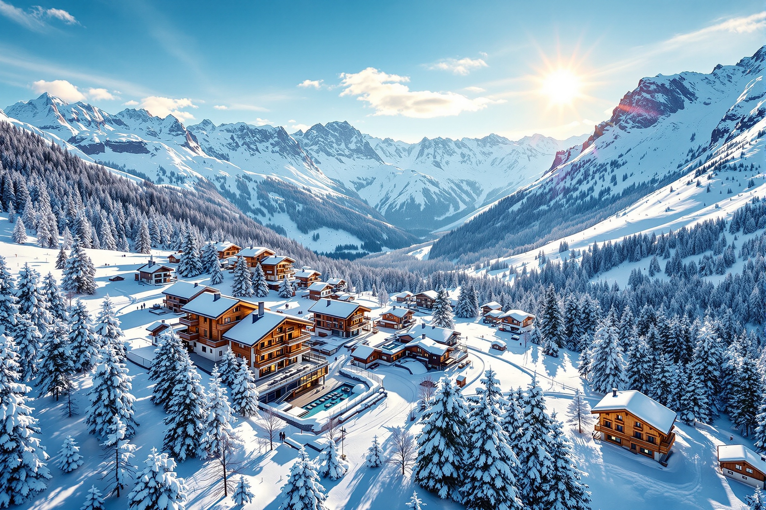 Luxury wooden chalets in the French Alps surrounded by snow-covered peaks