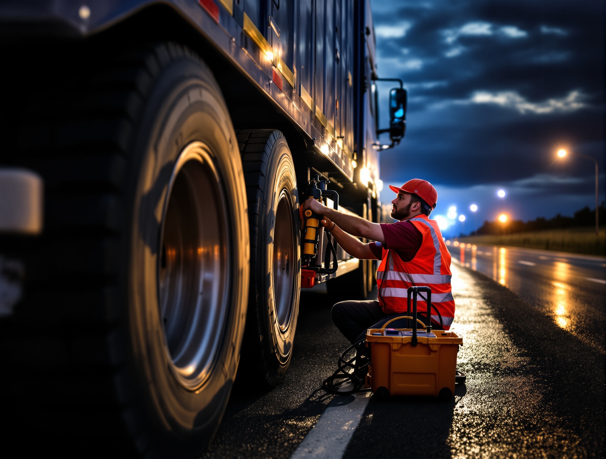 Professional mobile tyre fitting technician servicing HGV commercial truck tyre UK