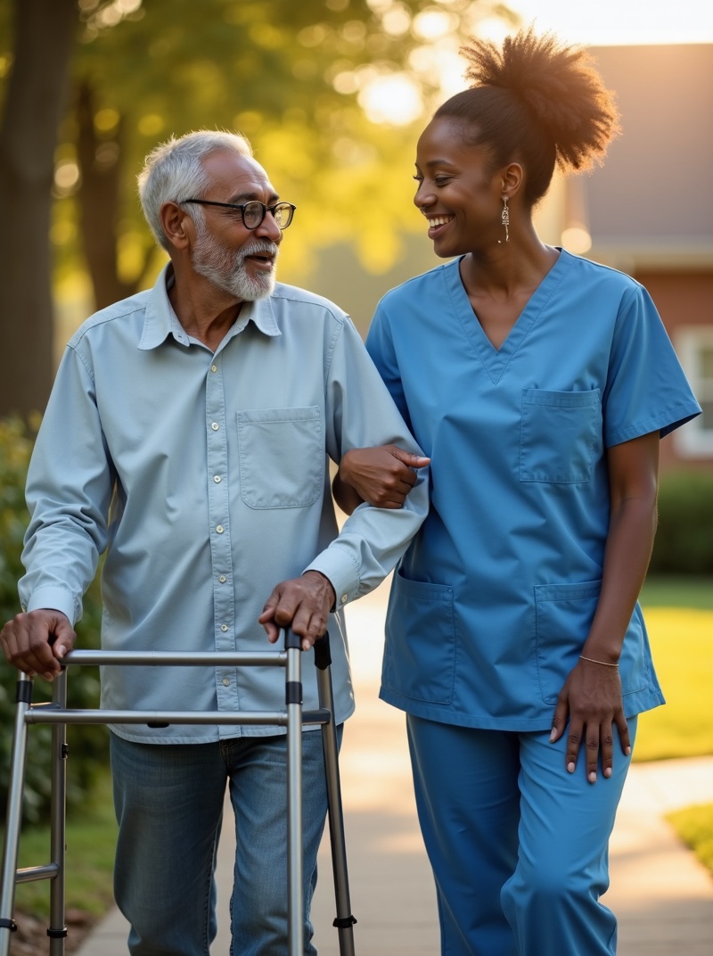 Hispanic elderly man with walker being assisted by Black female caregiver outside a Pennsylvania medical facility
