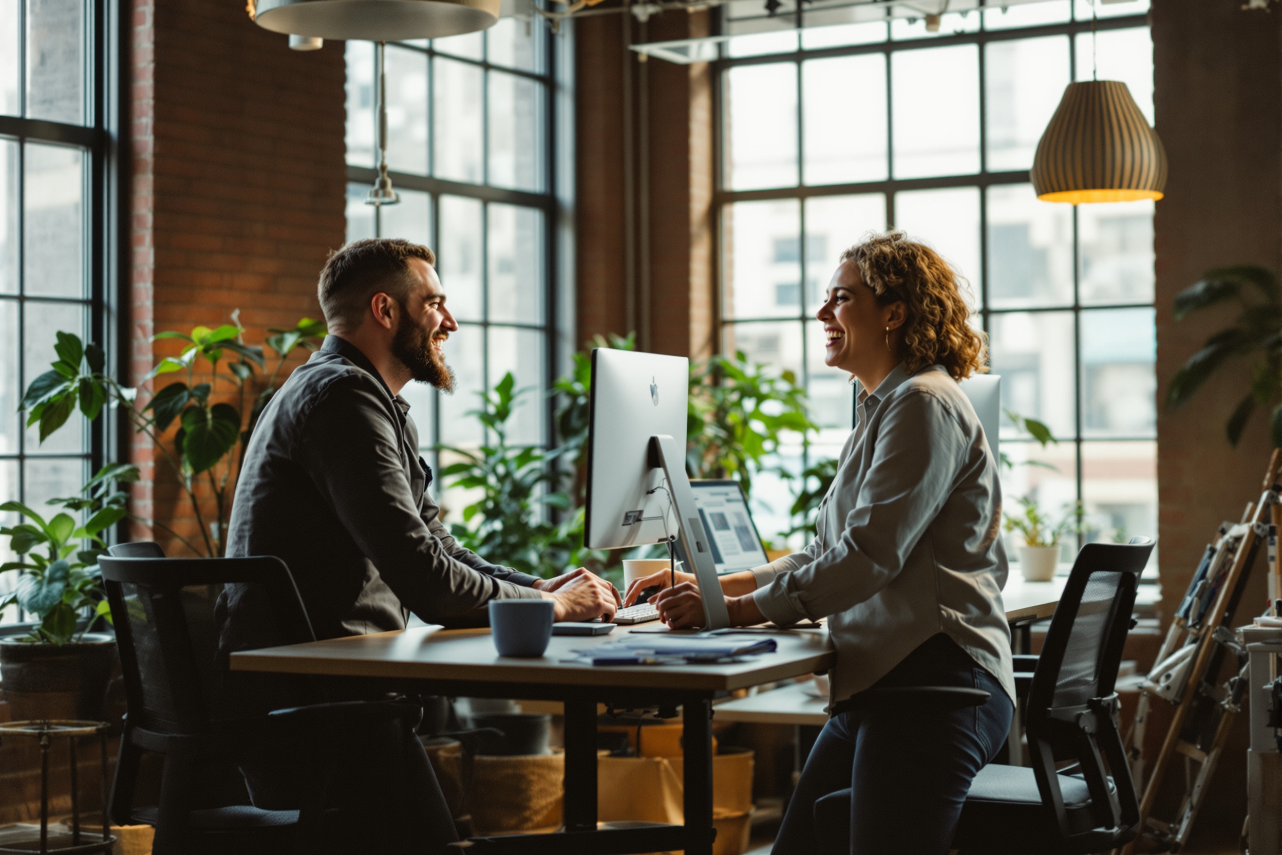 Team laughing at desk