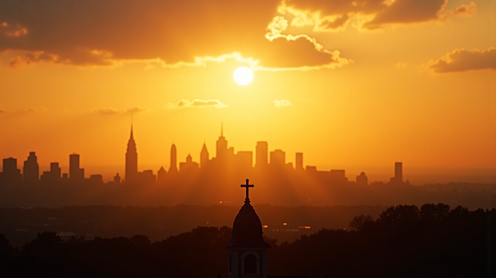 Warm sunrise over New York City with church cross silhouette representing faith and hope