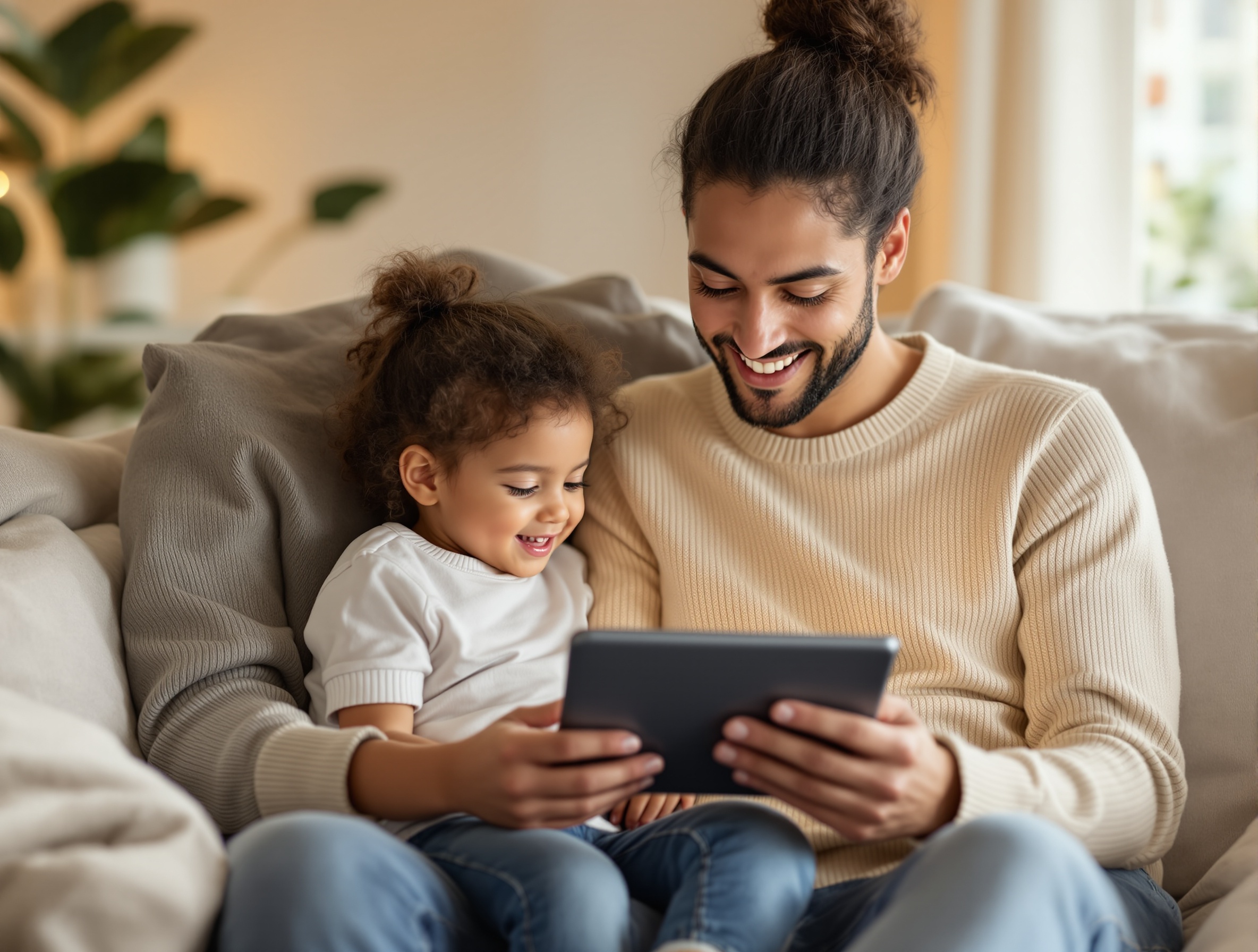 Ebeveyn ve çocuk tablet kullanıyor