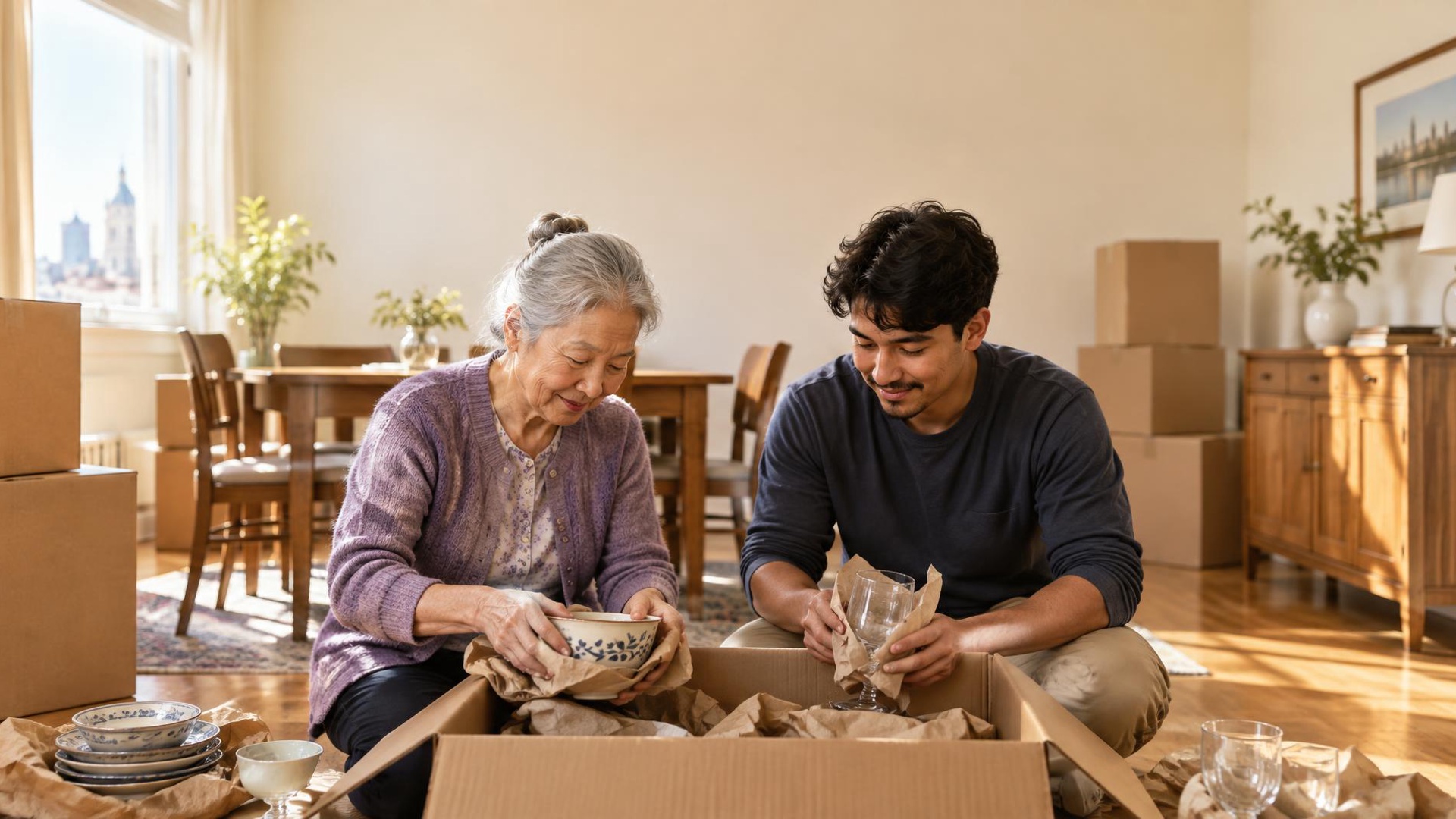 A Gift of Time senior move manager helping an elderly person pack and downsize in a bright Milwaukee home