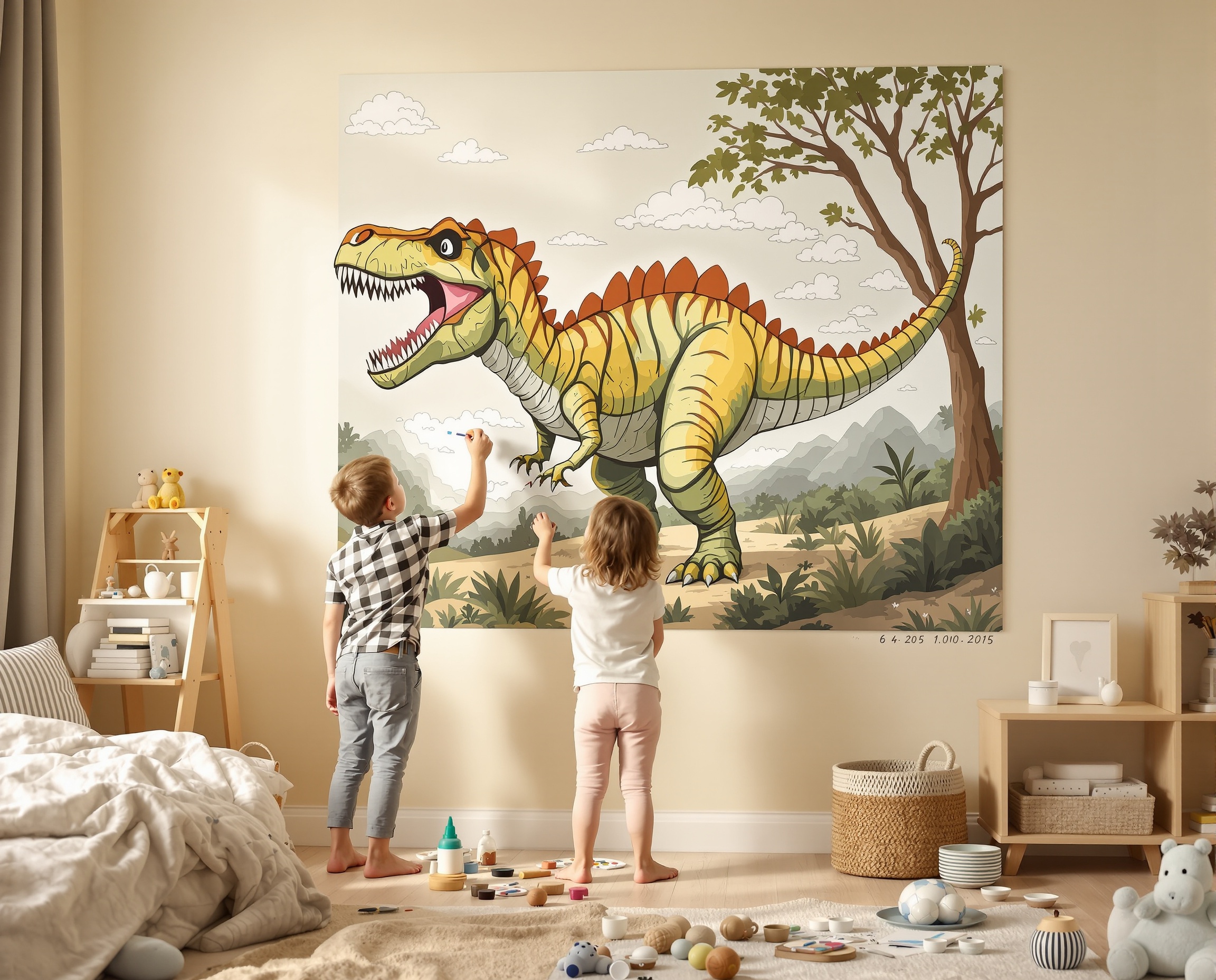 Child painting a giant bedroom mural