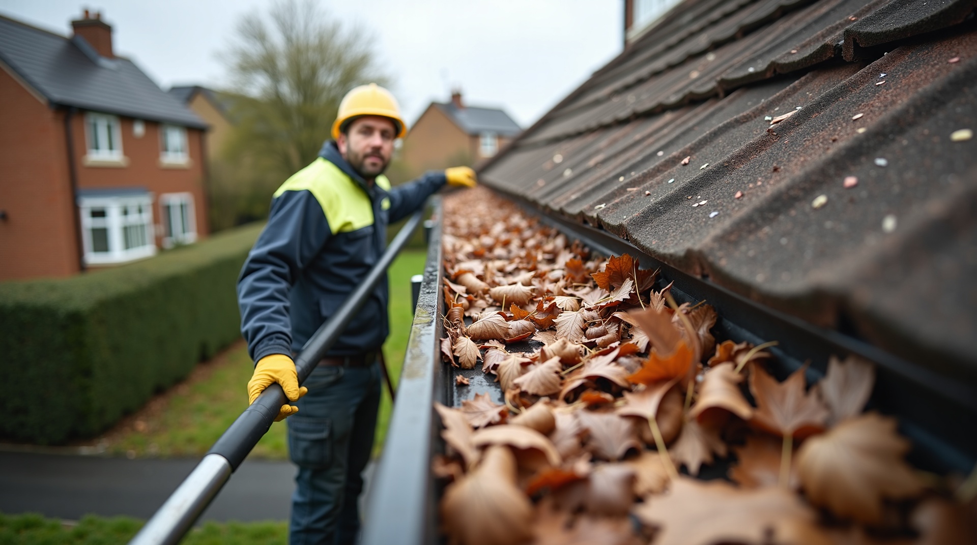 Professional gutter cleaning technician using a long-reach vacuum pole system from ground level on a UK semi-detached house, safely clearing overflowing gutters packed with autumn leaves and debris