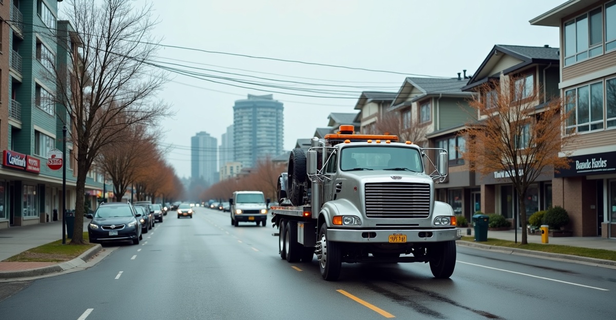 Flatbed tow truck removing an old car from a residential street in Guildford Surrey near Guildford Town Centre shopping mall with modern condo towers and the SkyTrain in the background