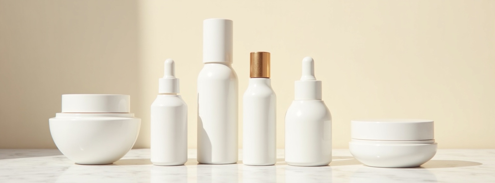 Elegant Korean skincare products arranged on marble surface with premium cosmetic bottles and jars under soft natural lighting