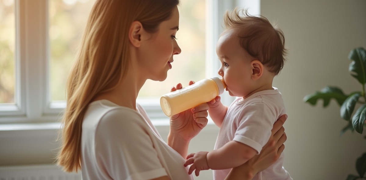 Padre intentando dar biberón a bebé con paciencia