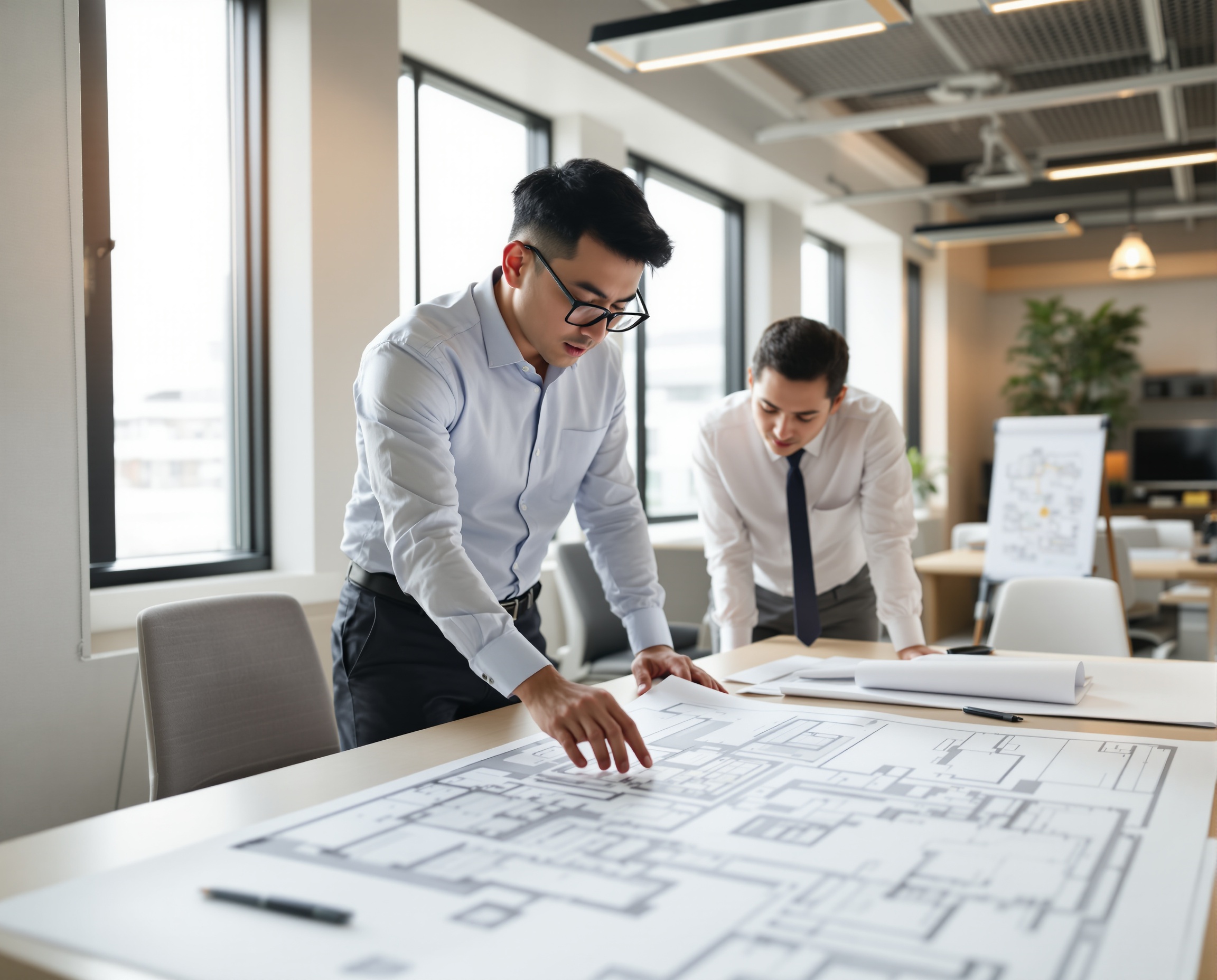 Professional project team reviewing plans