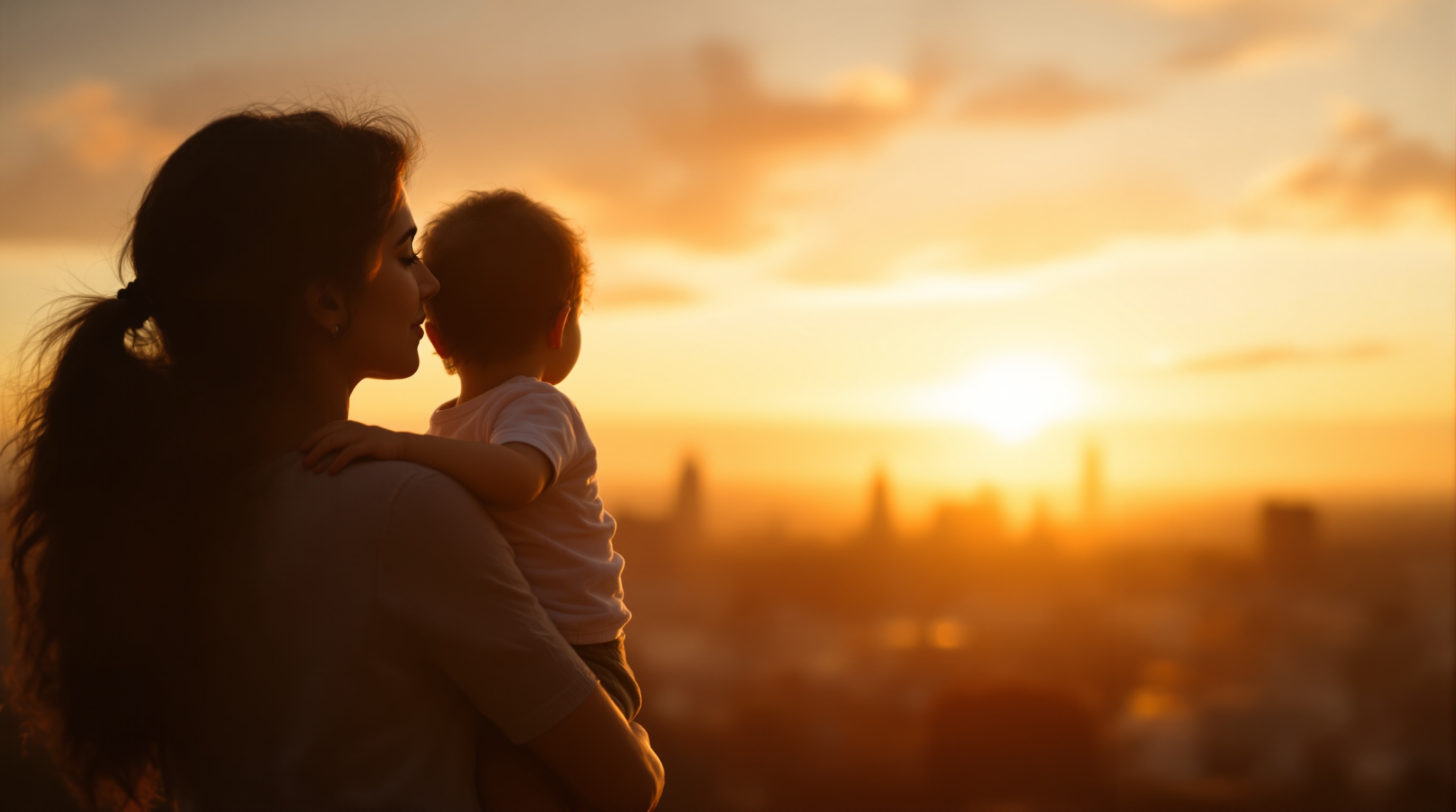 Mother and child looking at skyline during golden hour