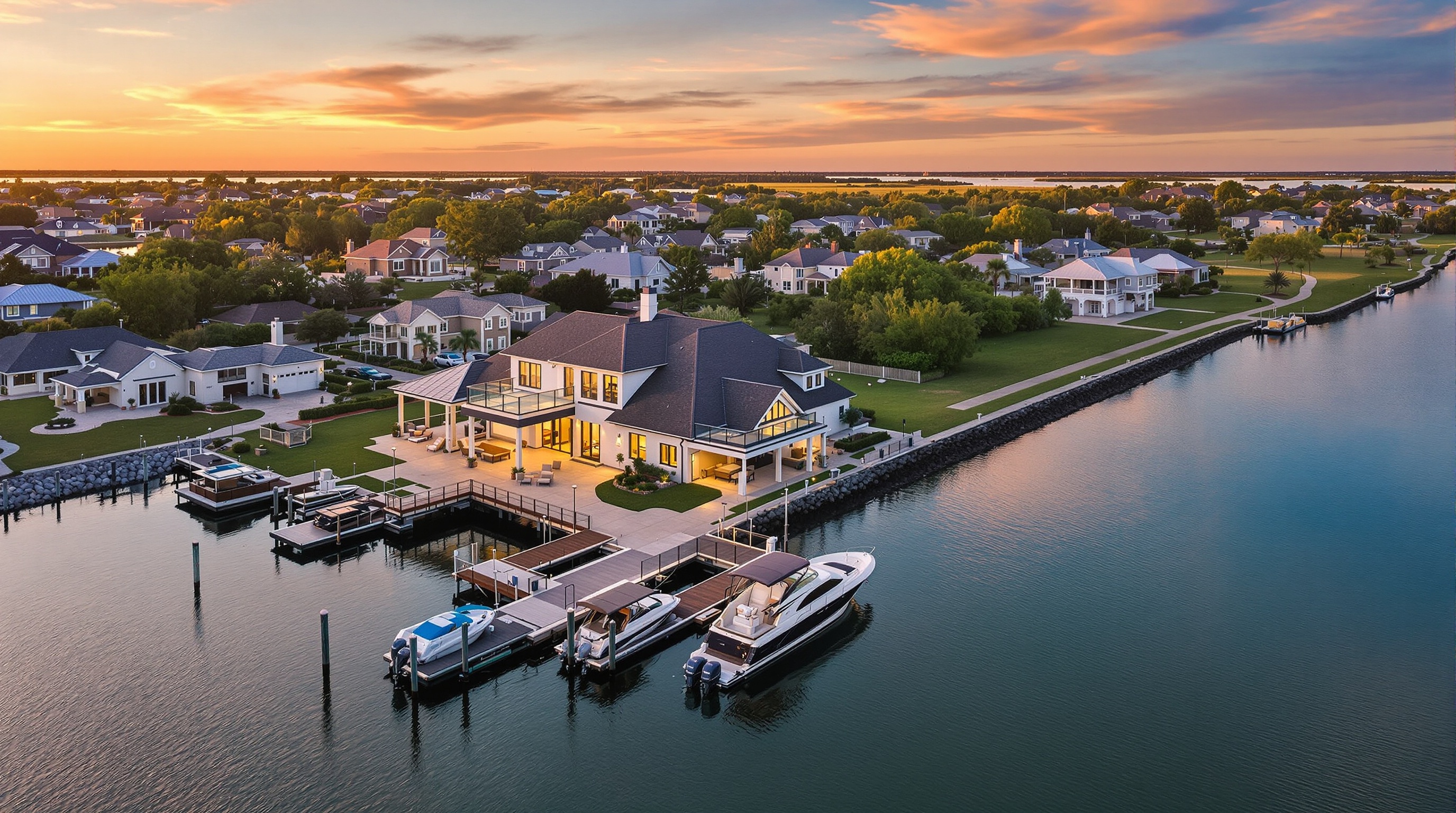 Luxury waterfront home on Clear Lake Houston with private dock and boat lift photographed at golden hour for real estate listing