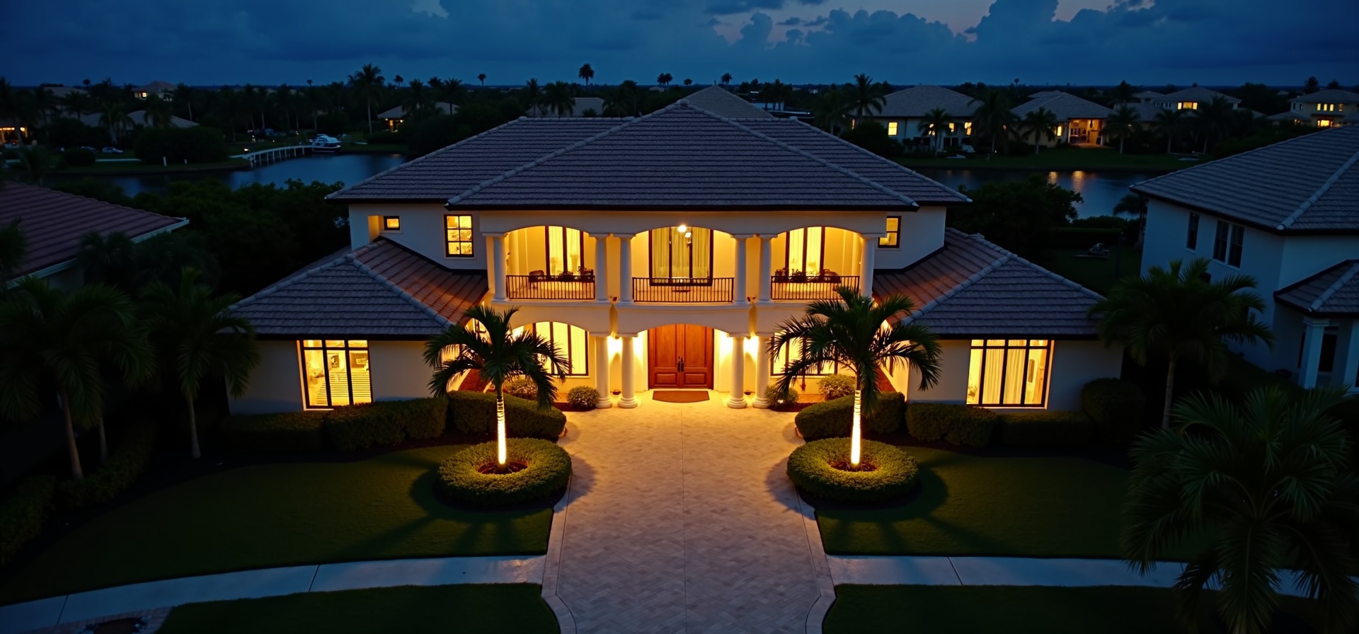 Aerial view of luxury Marco Island home at night with impact doors and windows