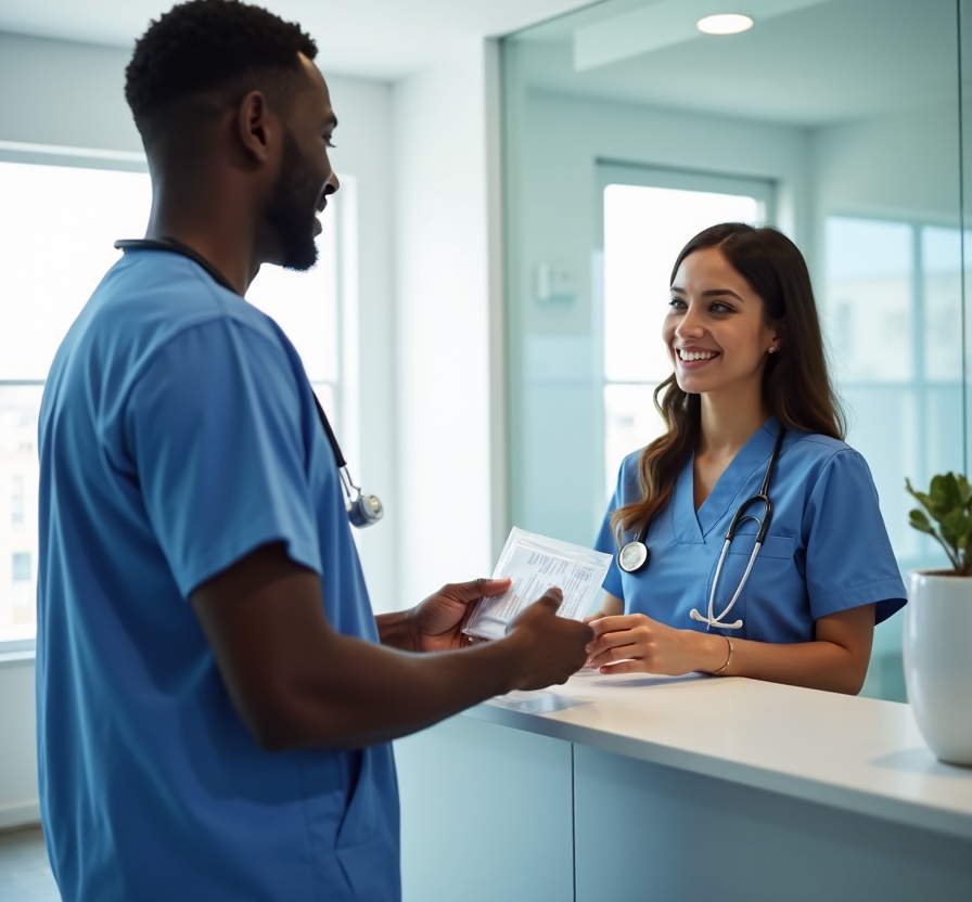Black male medical courier handing lab specimens to a Hispanic nurse at a clinic in Lehigh Valley PA