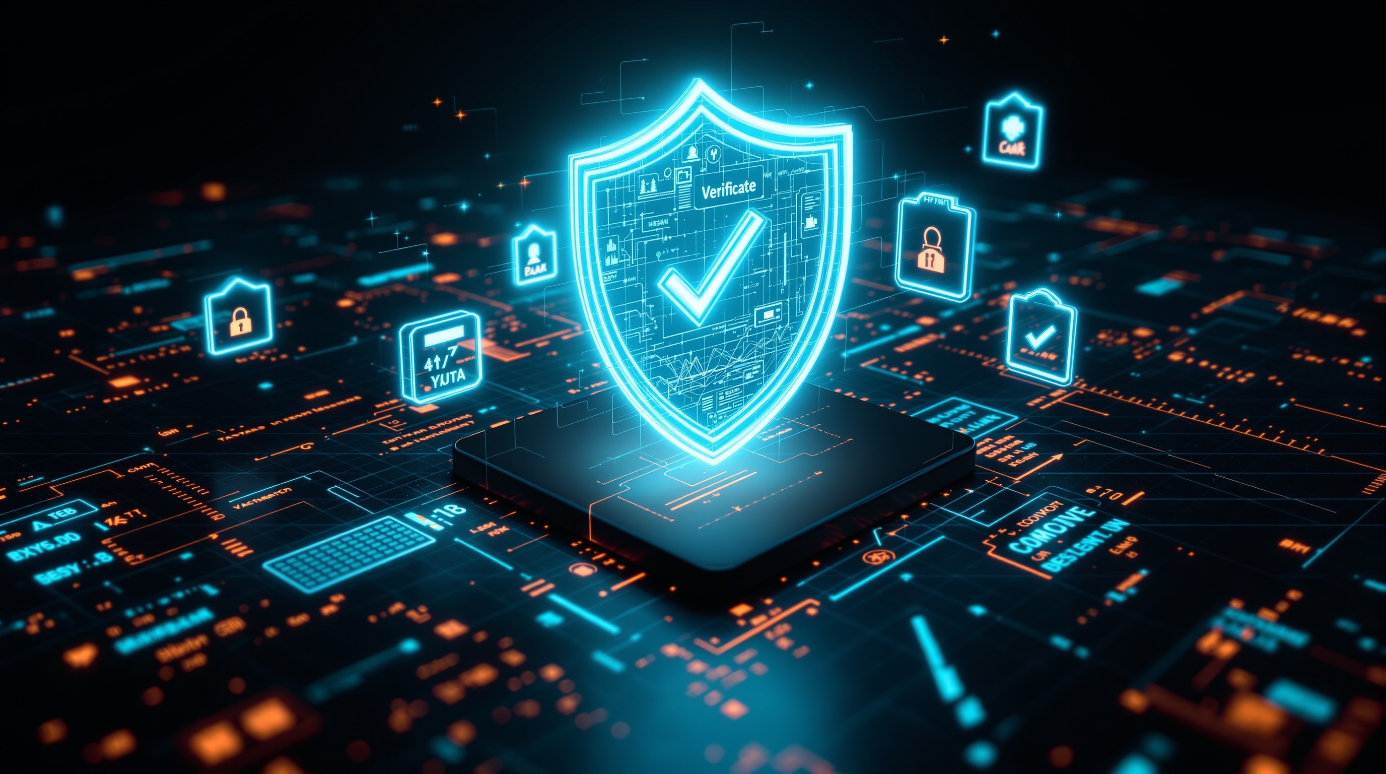 Digital security shield floating above a spreadsheet grid