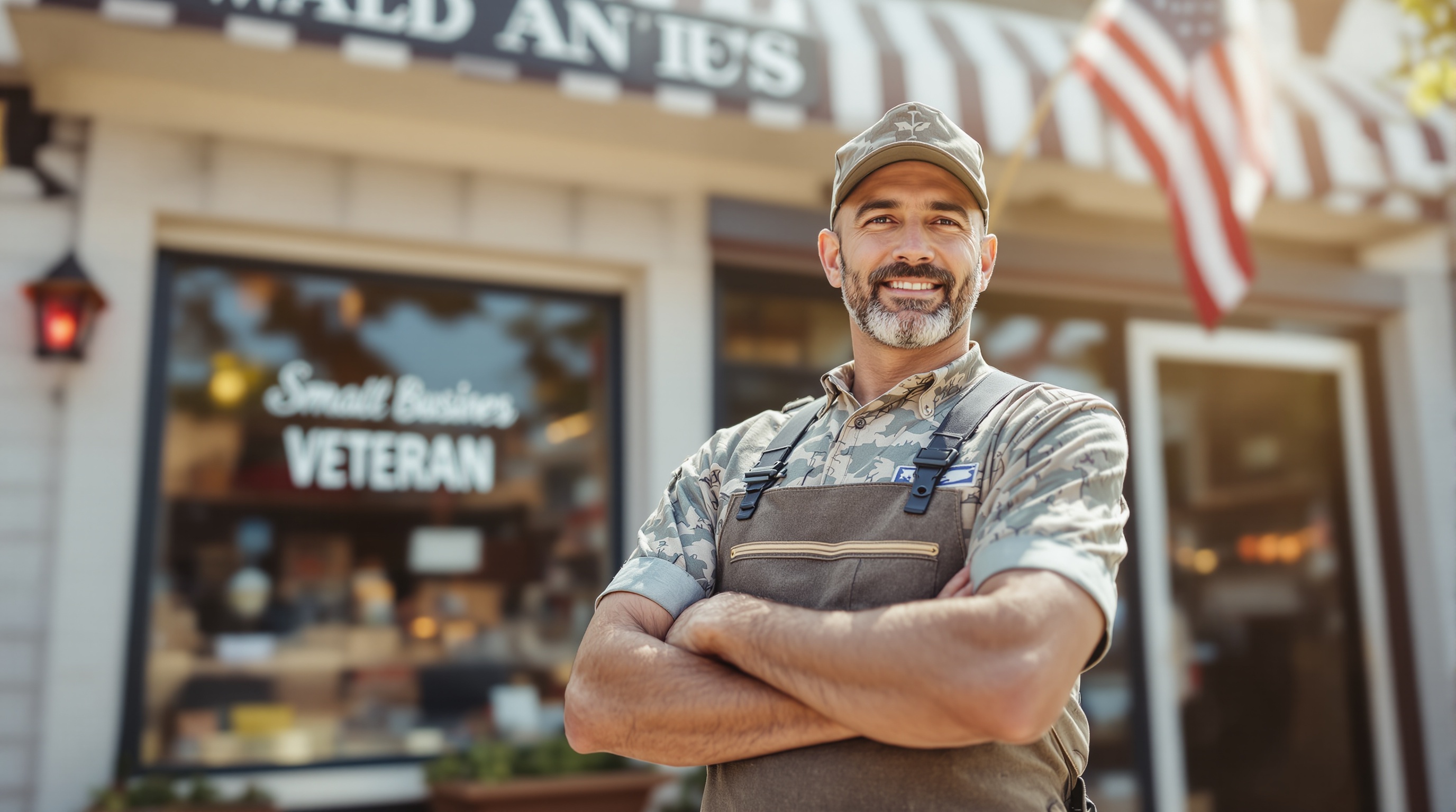 Veteran small business owner standing in front of their business
