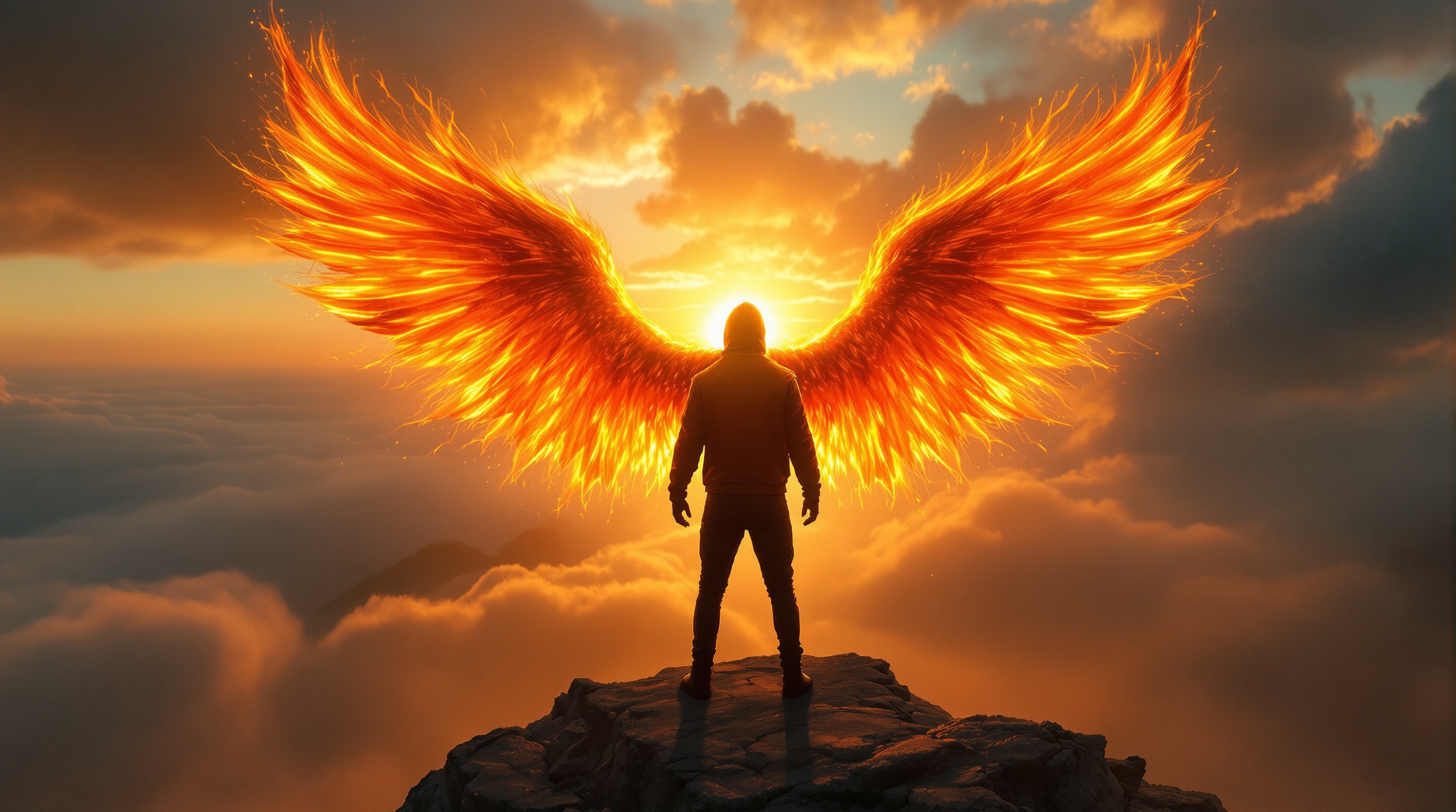 Man in hoodie with flaming wings watching sunrise
