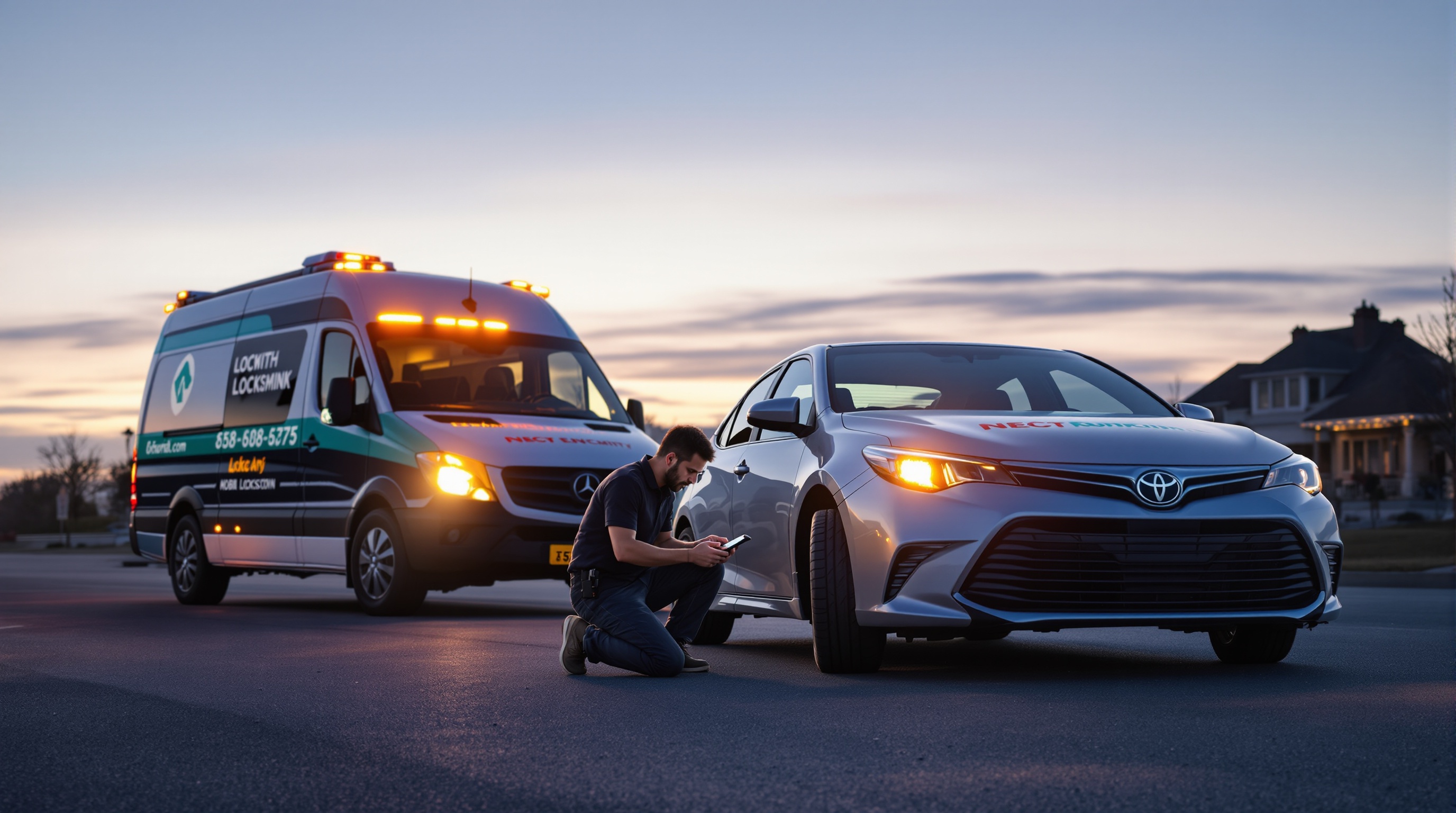 Mobile locksmith van with emergency lights on while a technician programs a Toyota key on the roadside