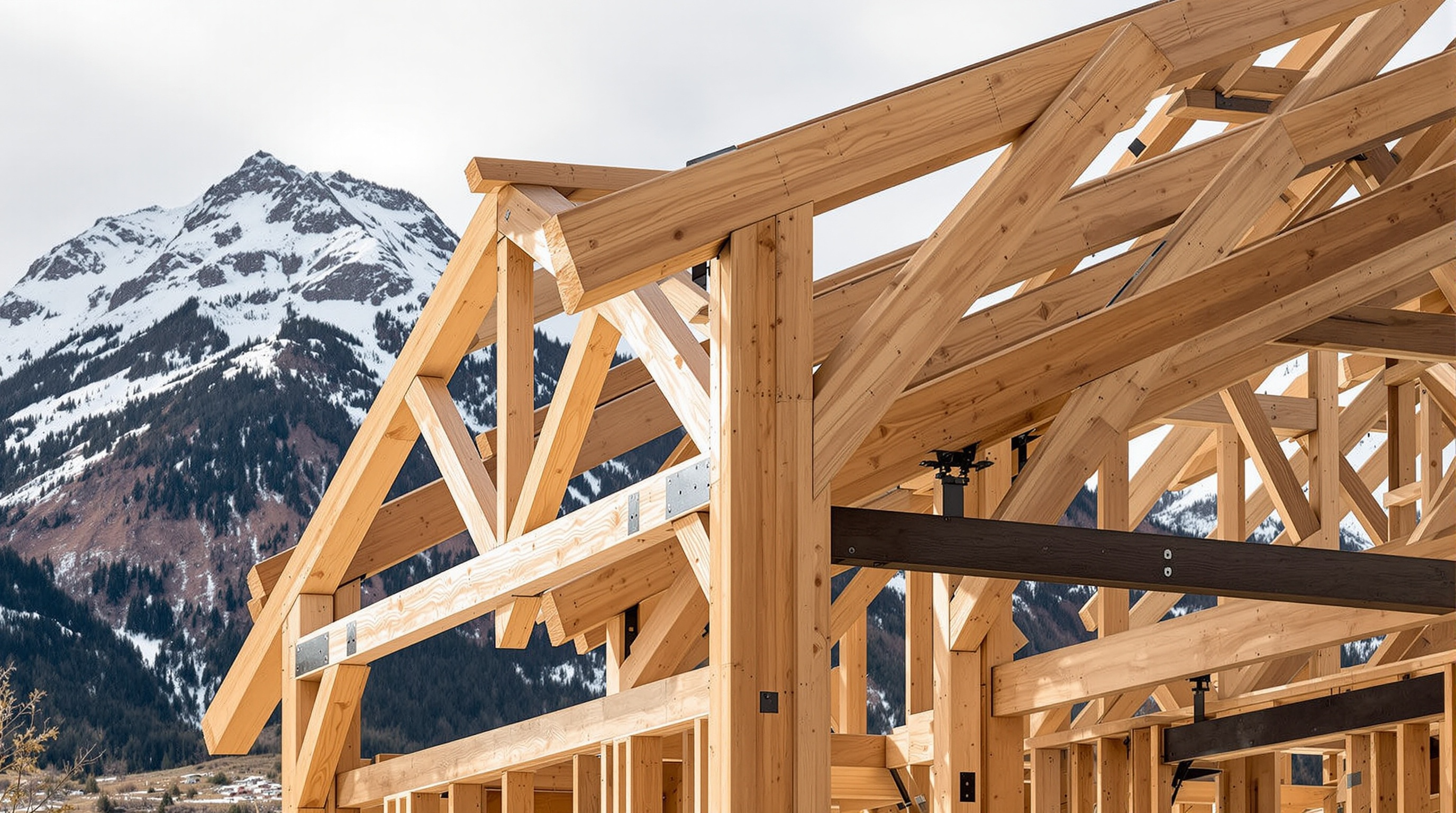 Structural detail of timber and steel hybrid framing for Colorado mountain homes
