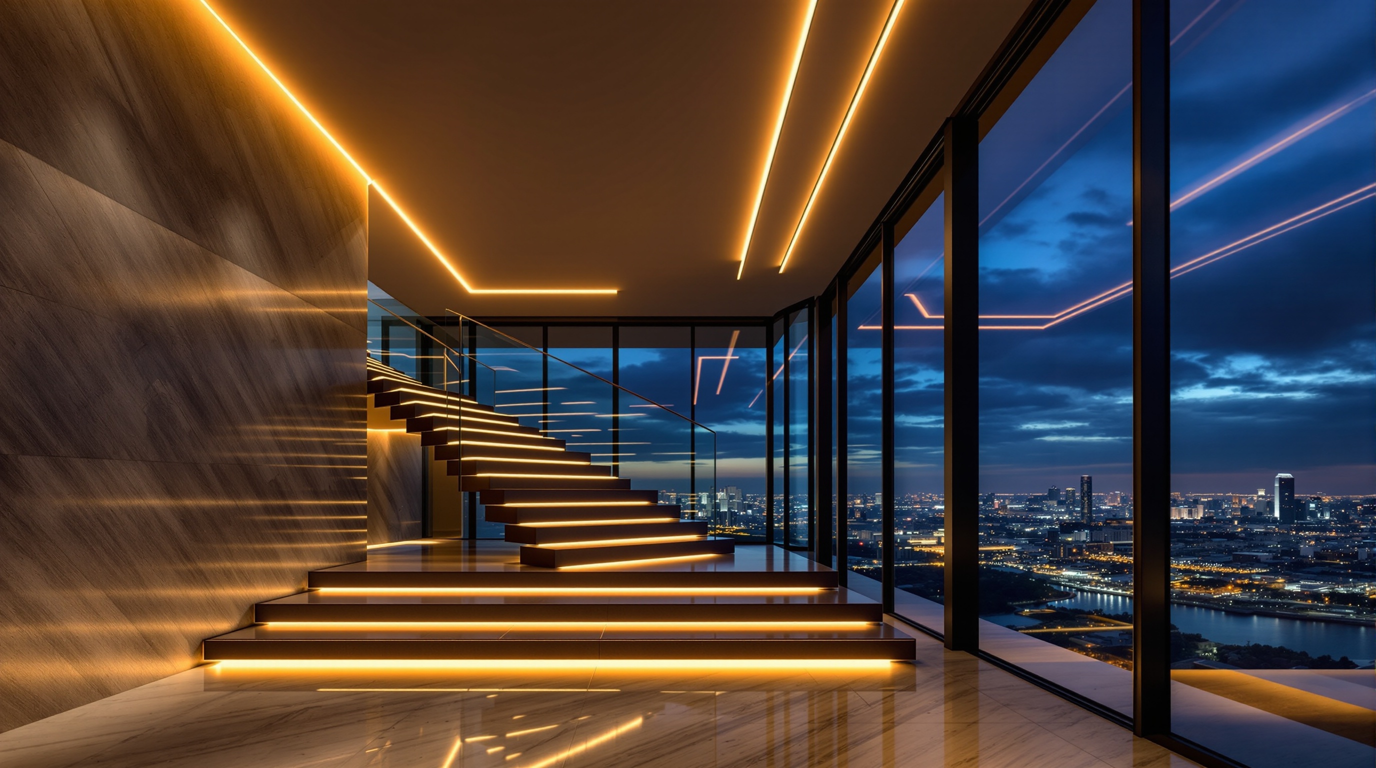 Modern Miami luxury residence interior with dramatic architectural lighting