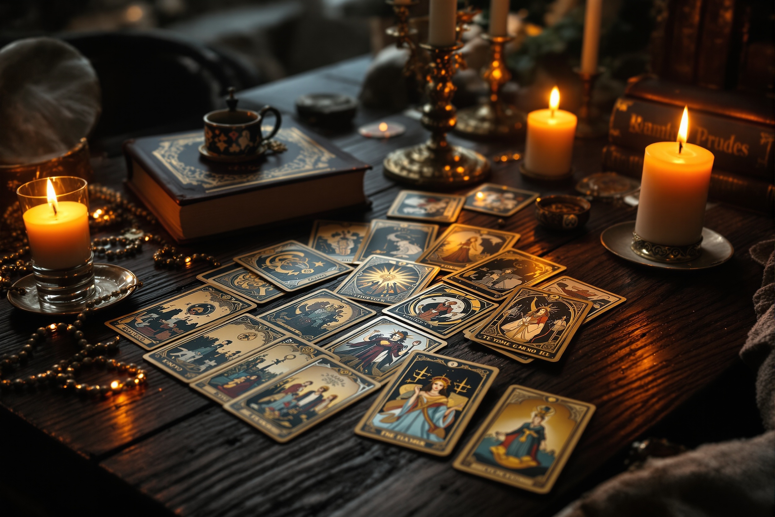 Estudo de tarot com livros e cartas