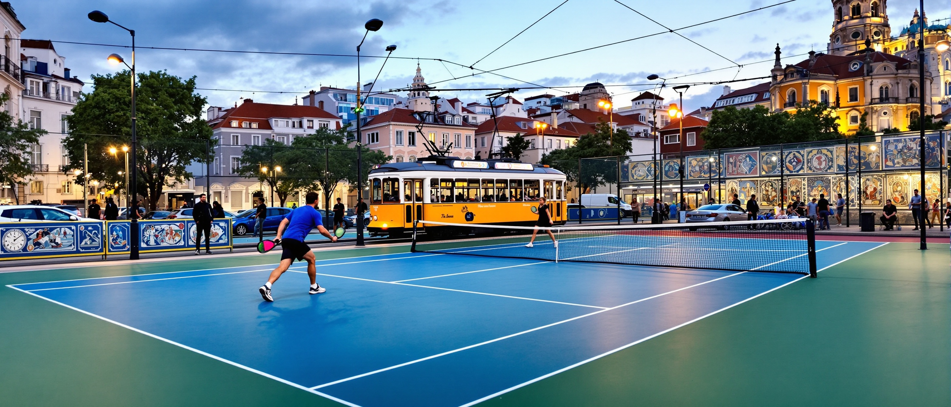 Padel players on a proper padel court in Lisbon with city landmarks