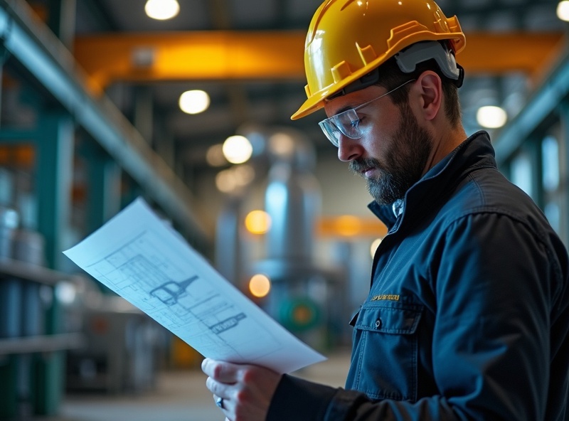 Skilled industrial worker reading technical drawings