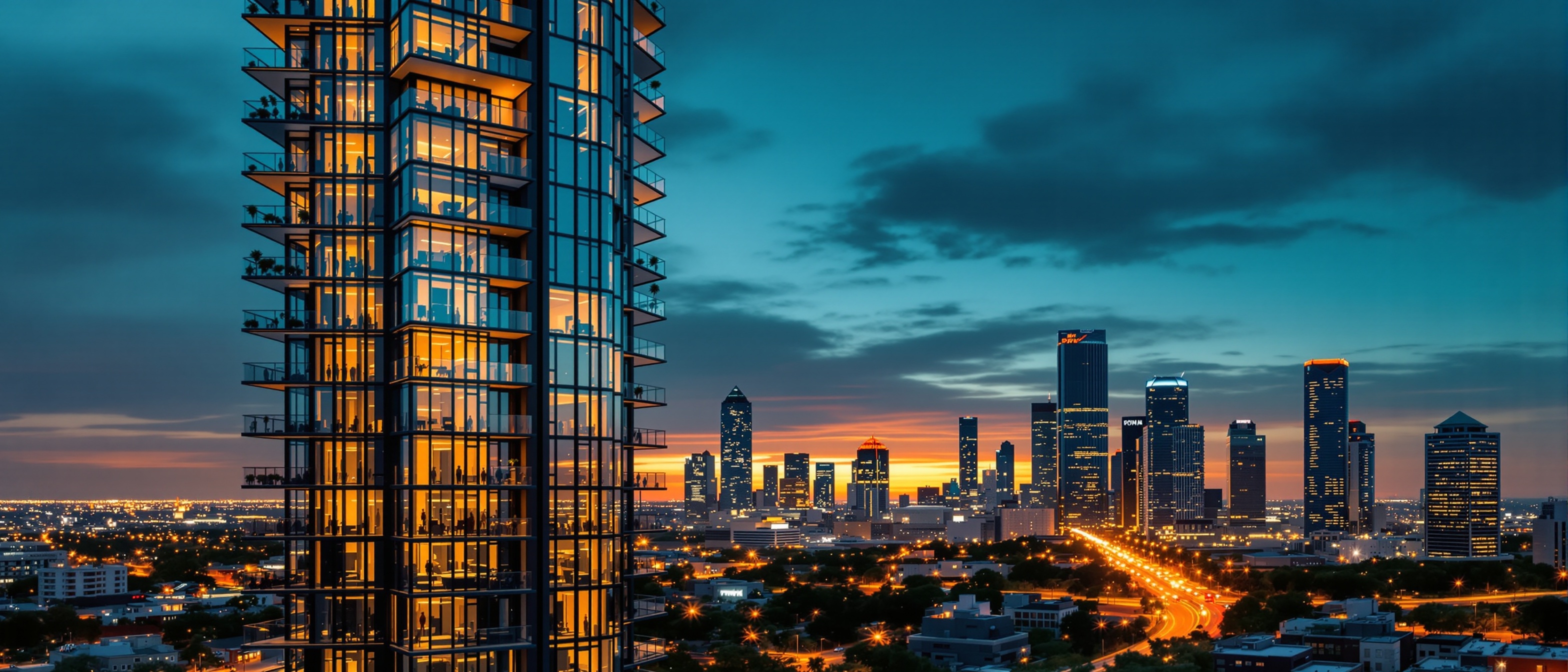 Modern Houston high-rise apartments at twilight representing fresh starts and stable housing