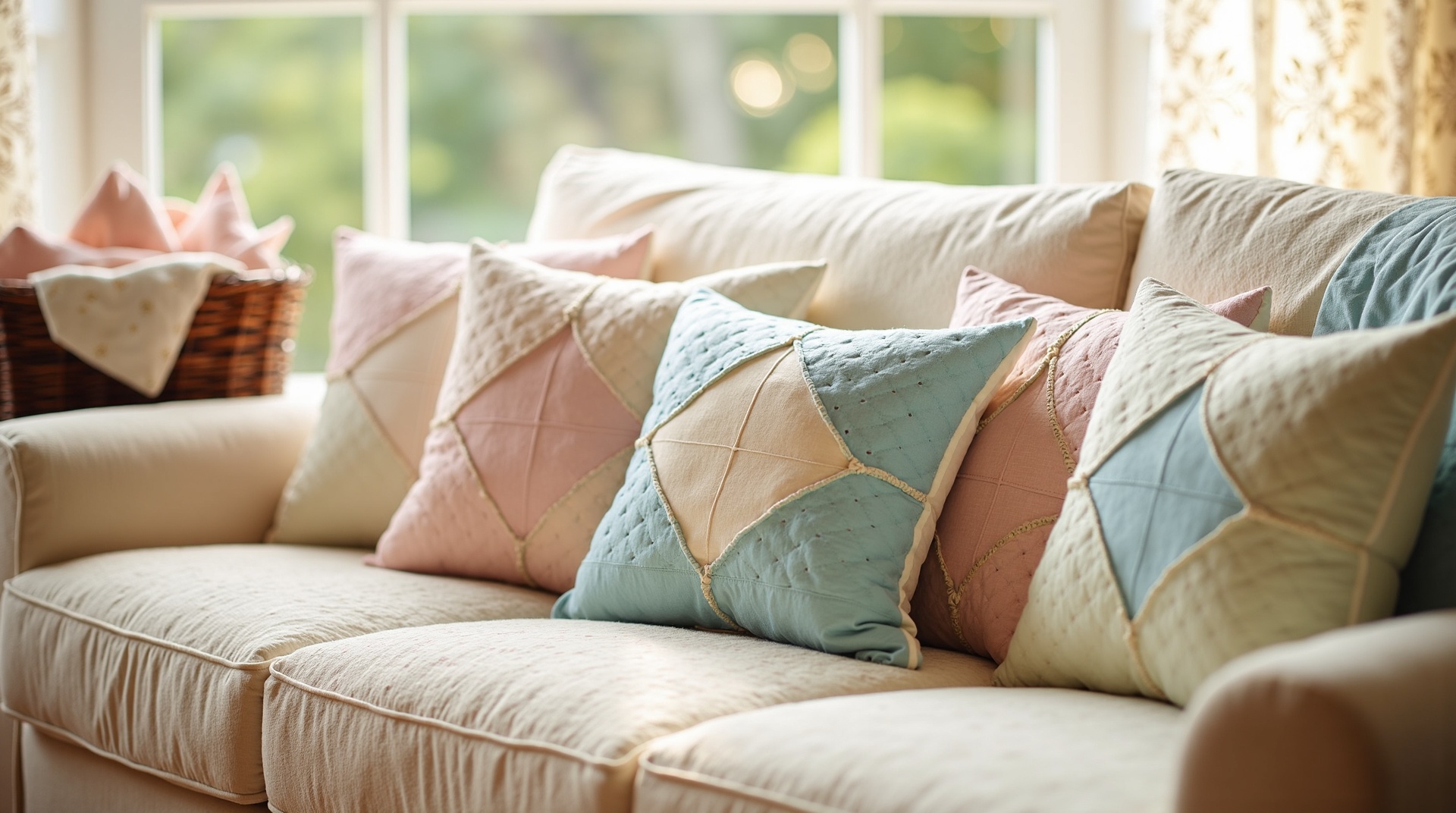 Handcrafted quilted pillows on a cozy sofa with sewing materials and warm cottage sunlight