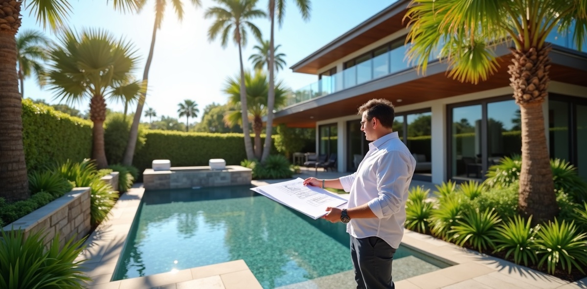 Professional landscape designer reviewing a custom outdoor design plan with tropical Florida plants and modern hardscape