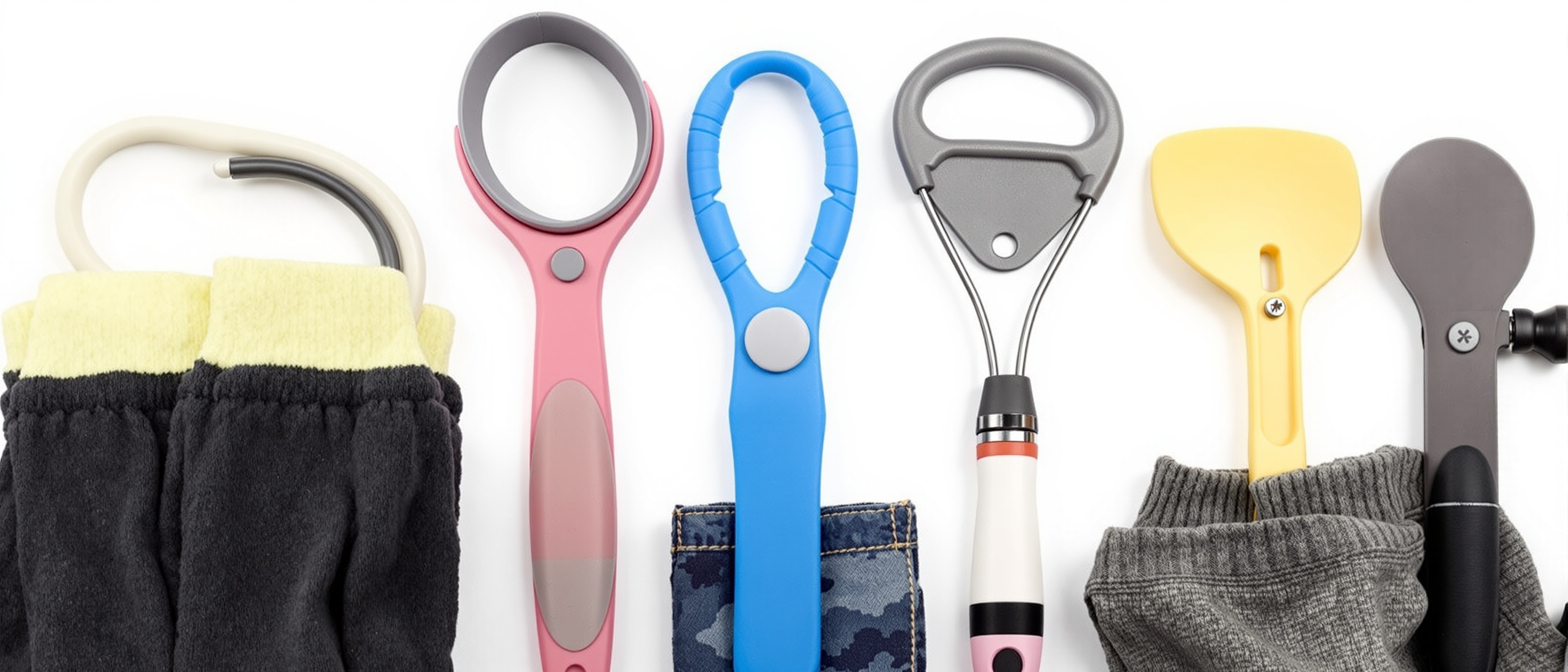 Collection of daily living aids including sock aid, button hook, reacher grabber, and adaptive utensils