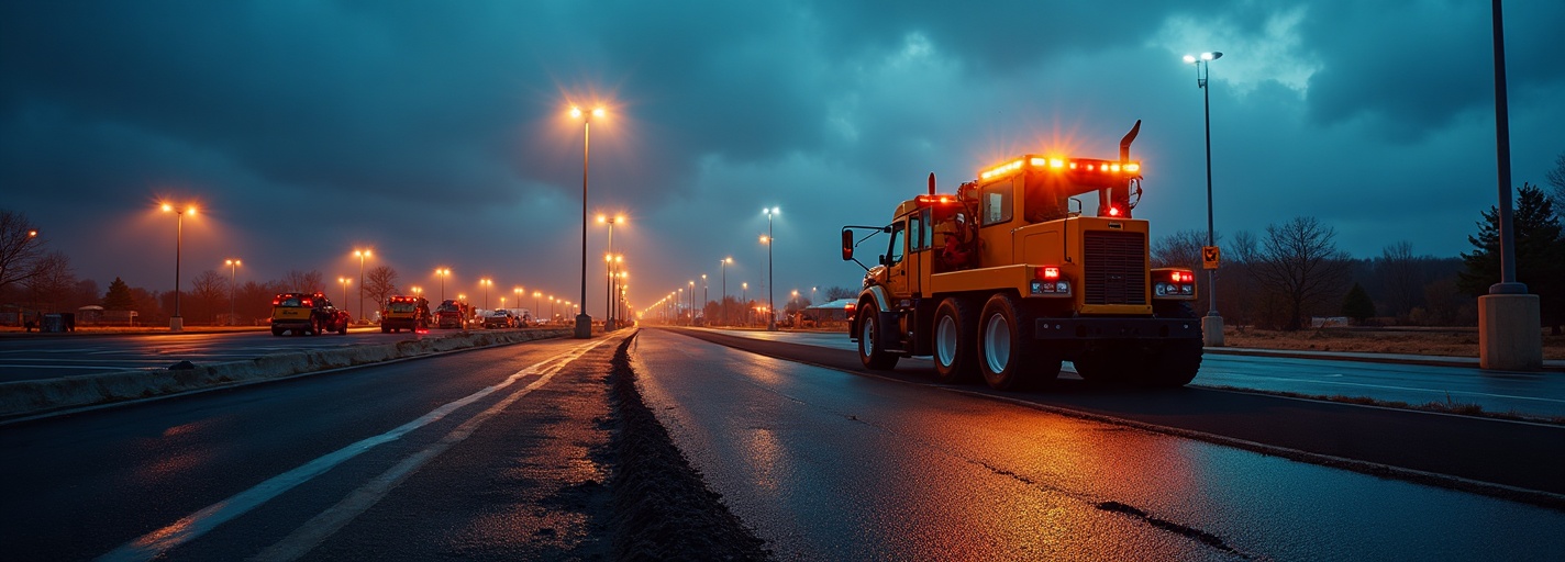Professional asphalt paving crew working at dusk on commercial parking lot