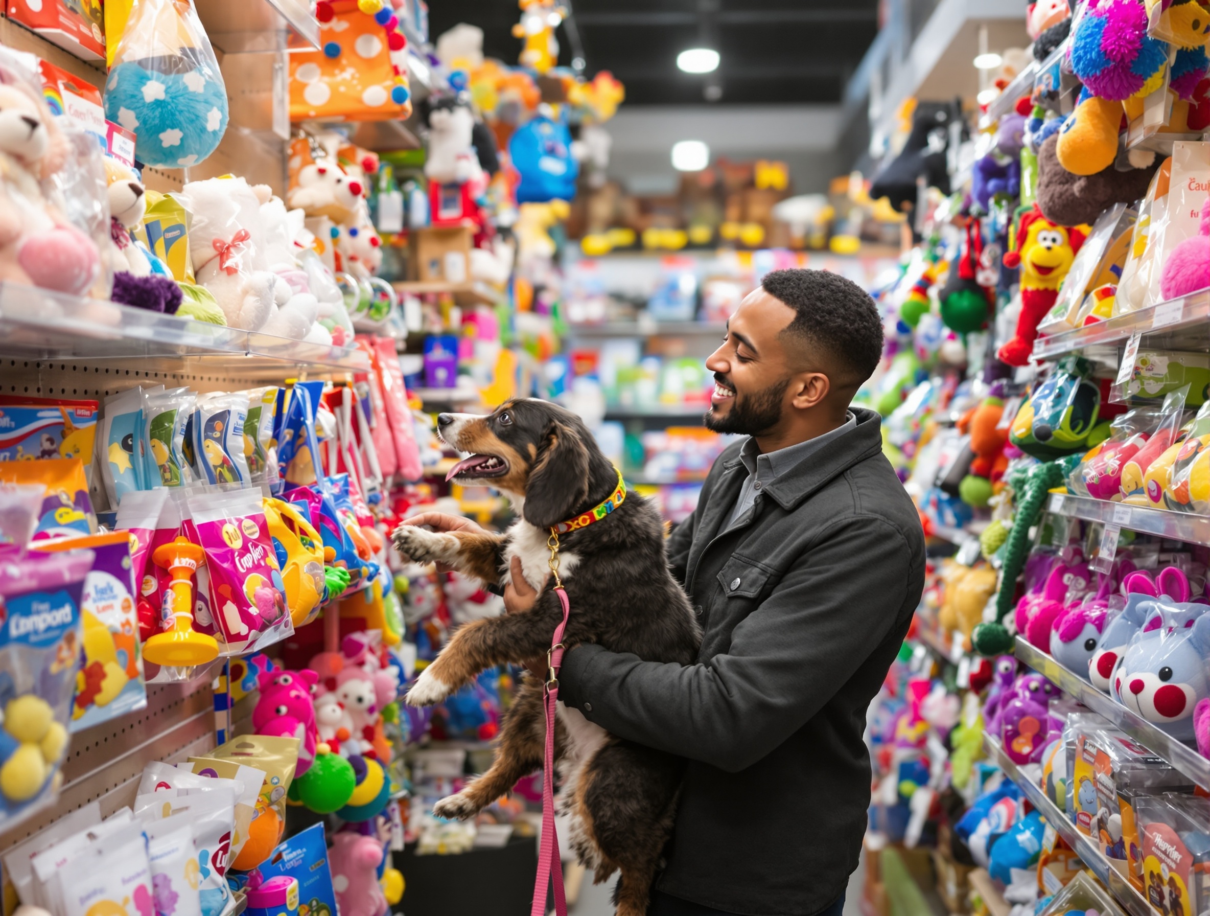 Dog owner selecting interactive toys