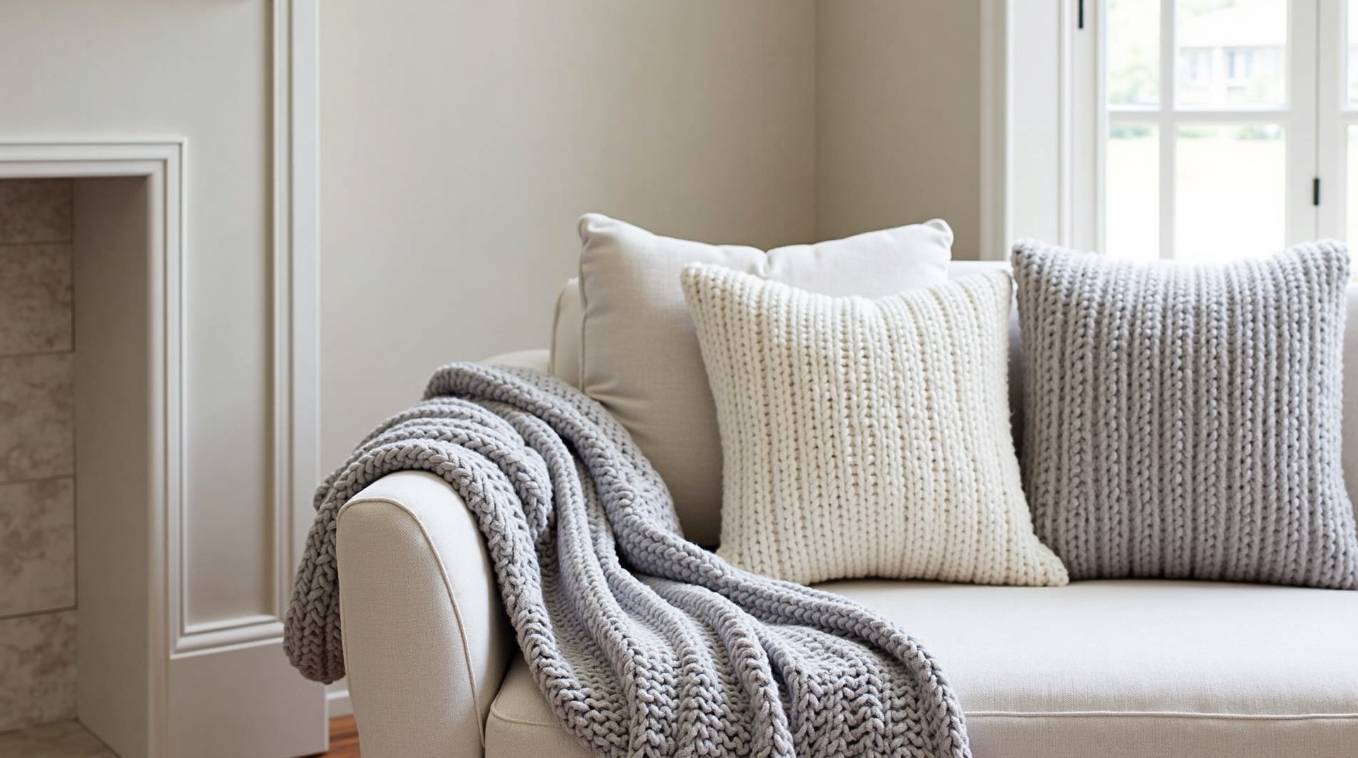 Interior elegante com mantas e almofadas em tons neutros, design de interiores sofisticado