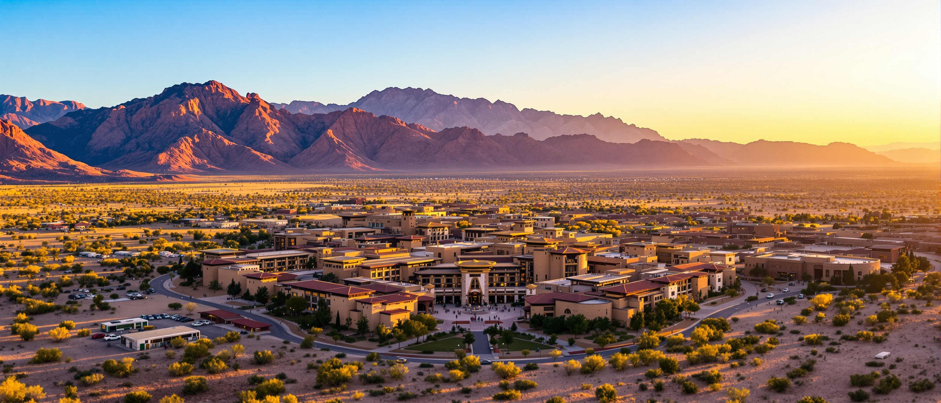 Aerial view of UTEP campus with Bhutanese architecture against Franklin Mountains